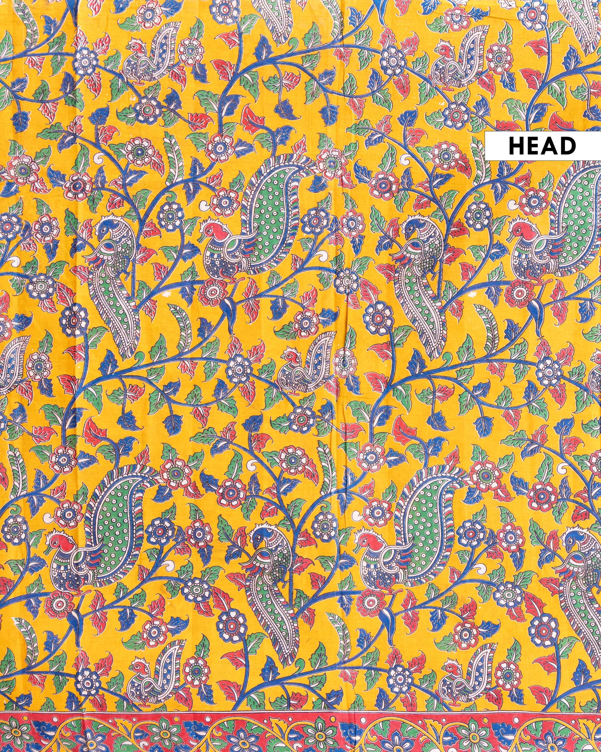 Handloom Kalamkari Cotton Saree with Traditional Peacock and Floral Motifs - Orange