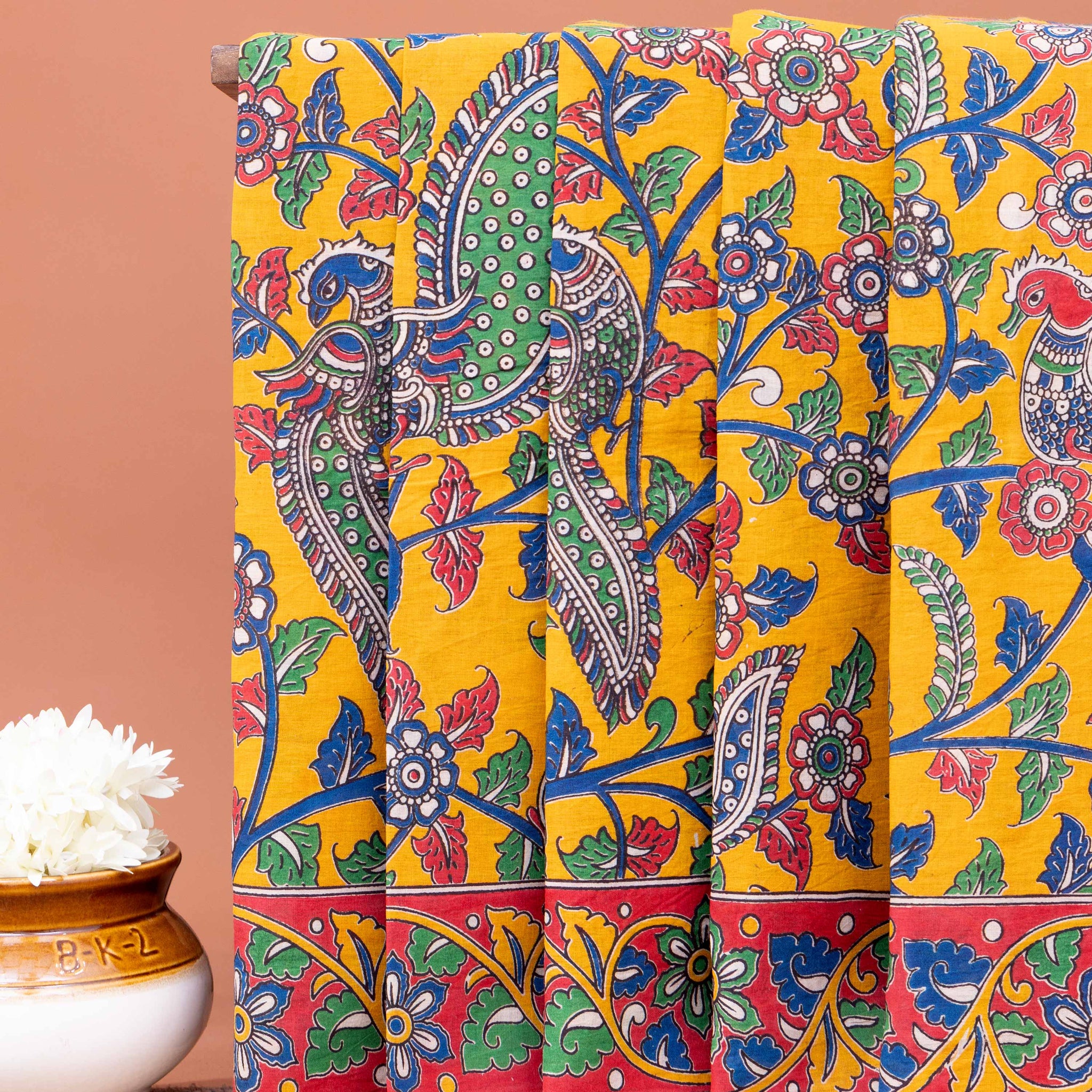 Handloom Kalamkari Cotton Saree with Traditional Peacock and Floral Motifs - Orange