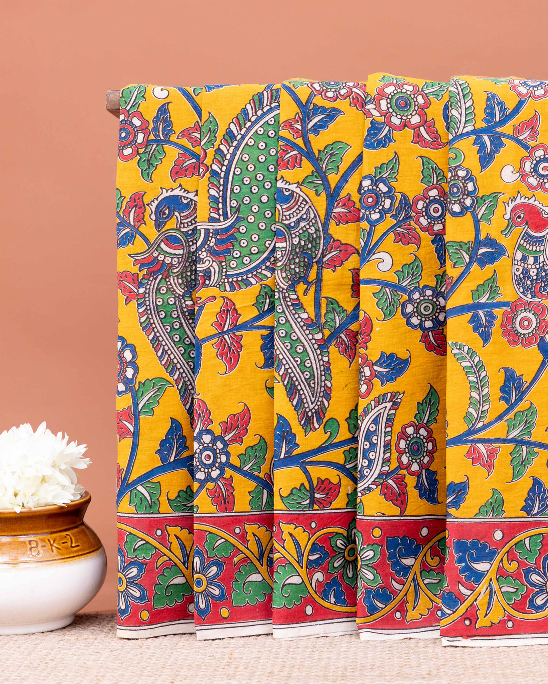 Handloom Kalamkari Cotton Saree with Traditional Peacock and Floral Motifs - Orange