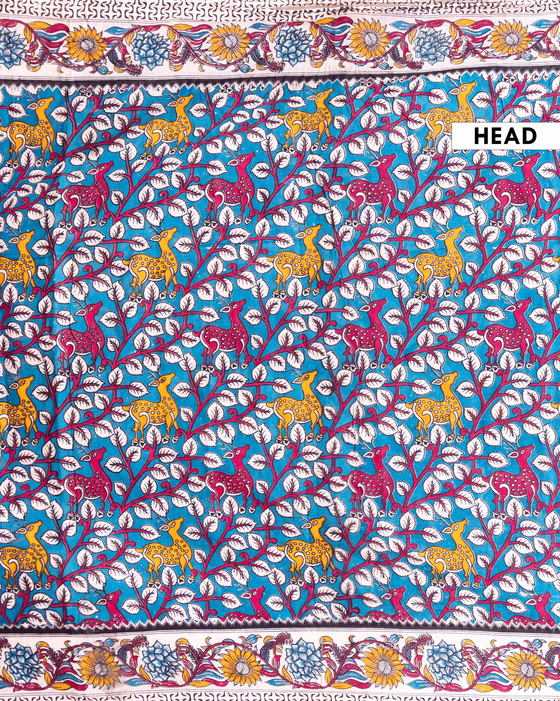 Handloom Kalamkari Cotton Saree with Tree of Life Motifs and a Floral Border - Blue