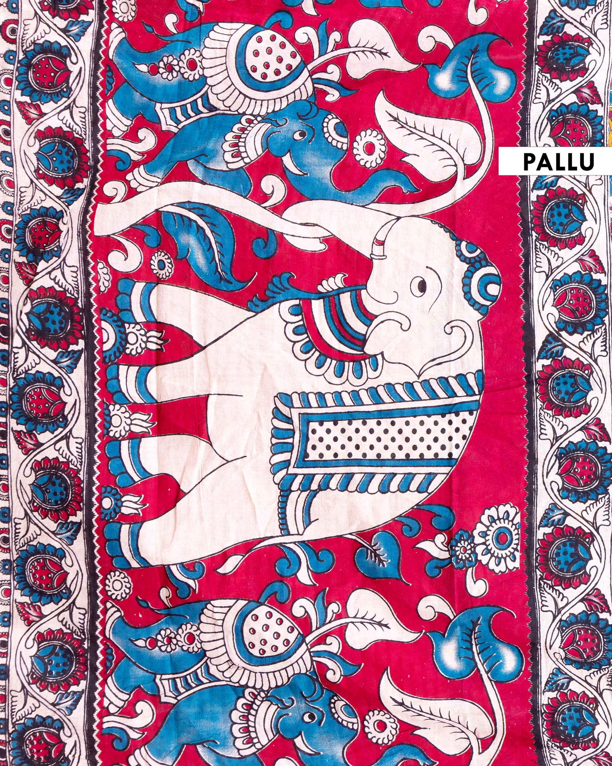 Handloom Kalamkari Cotton Saree with Tree of Life Motifs and a Floral Border - Blue