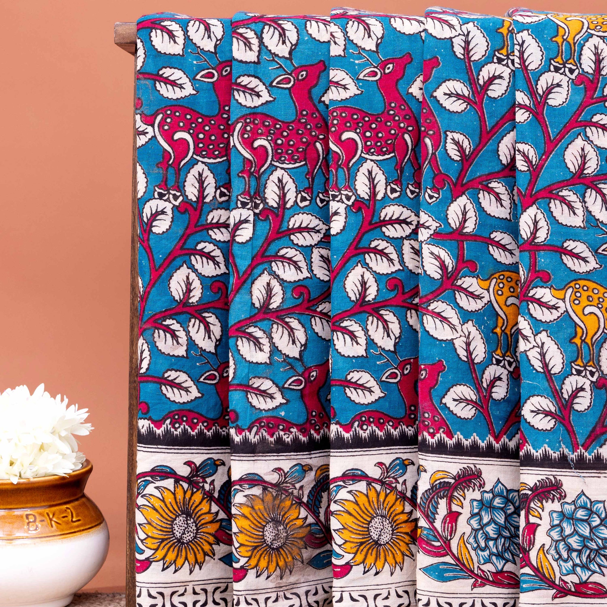 Handloom Kalamkari Cotton Saree with Tree of Life Motifs and a Floral Border - Blue