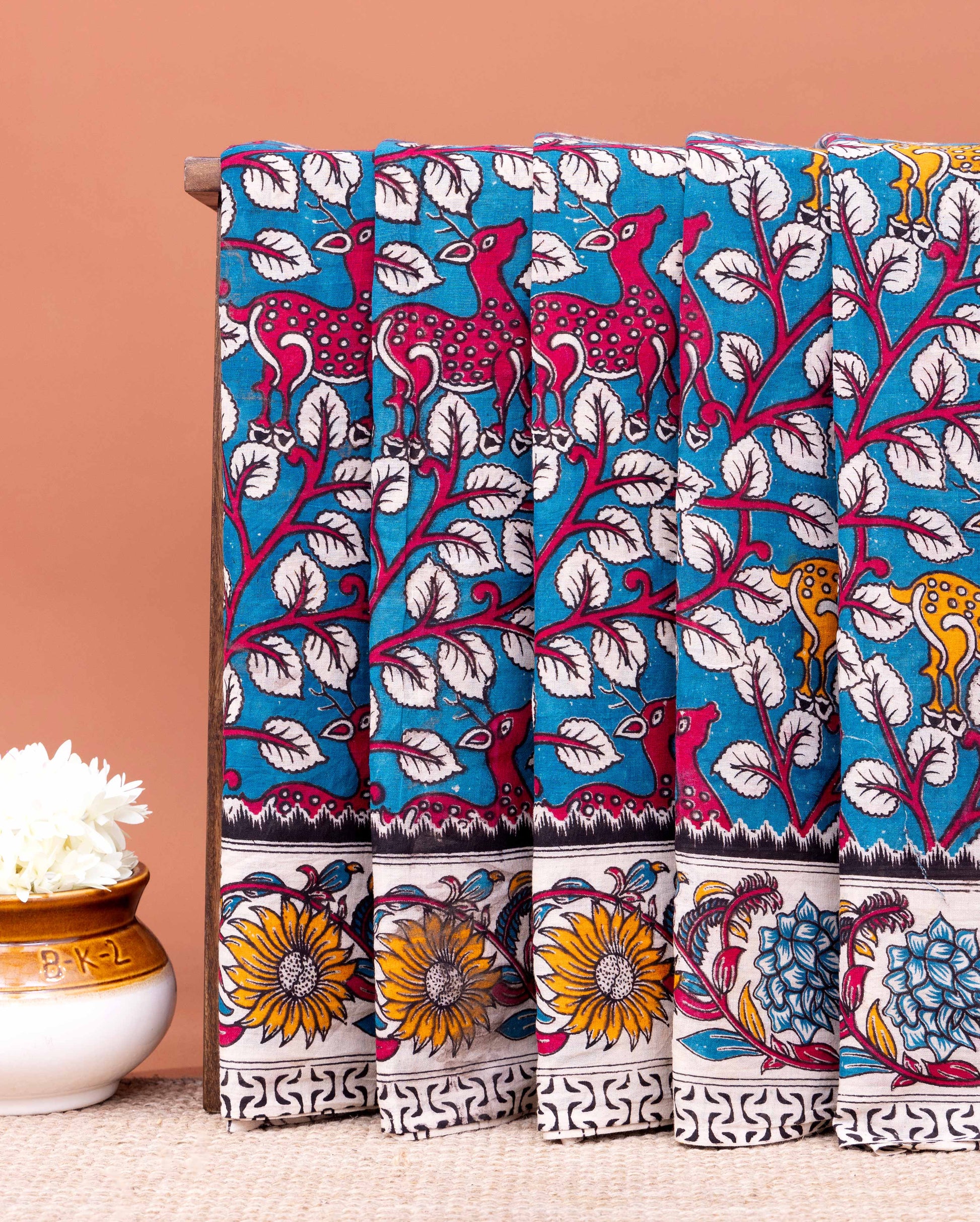 Handloom Kalamkari Cotton Saree with Tree of Life Motifs and a Floral Border - Blue