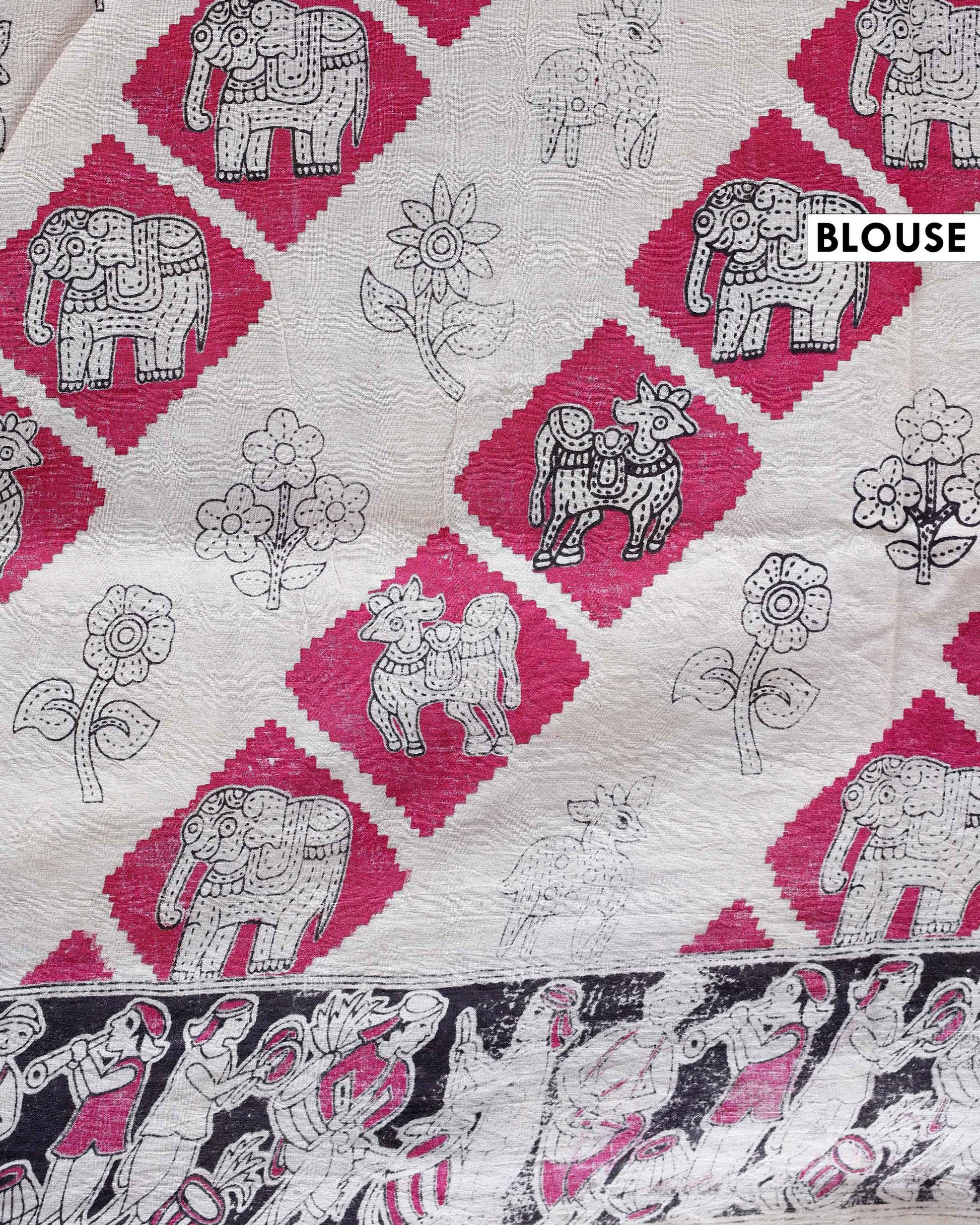 Handloom Kalamkari Handblock Print Cotton Saree with Elephant & Floral Motifs - Yellow-Blouse