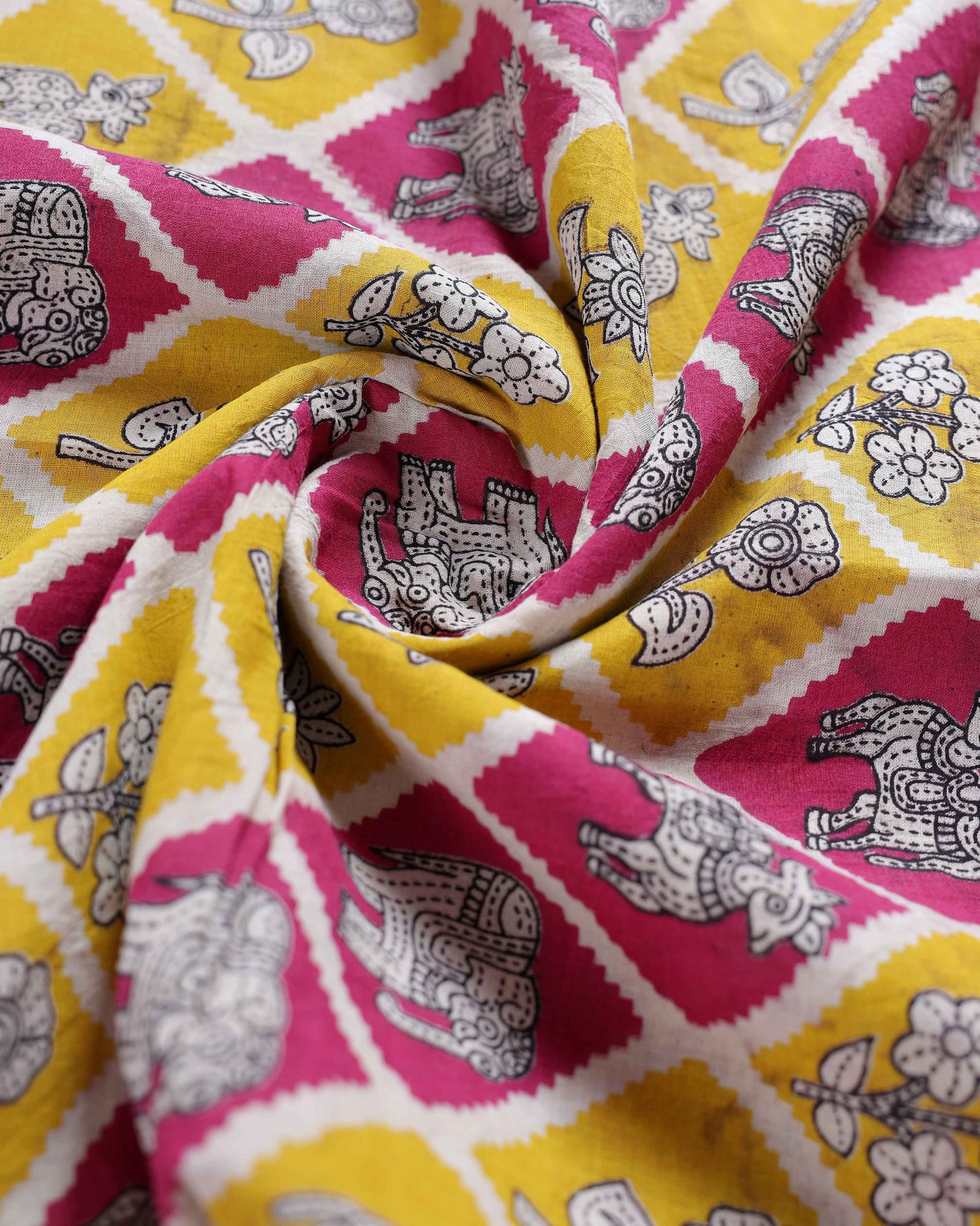 Handloom Kalamkari Handblock Print Cotton Saree with Elephant & Floral Motifs - Yellow-Close