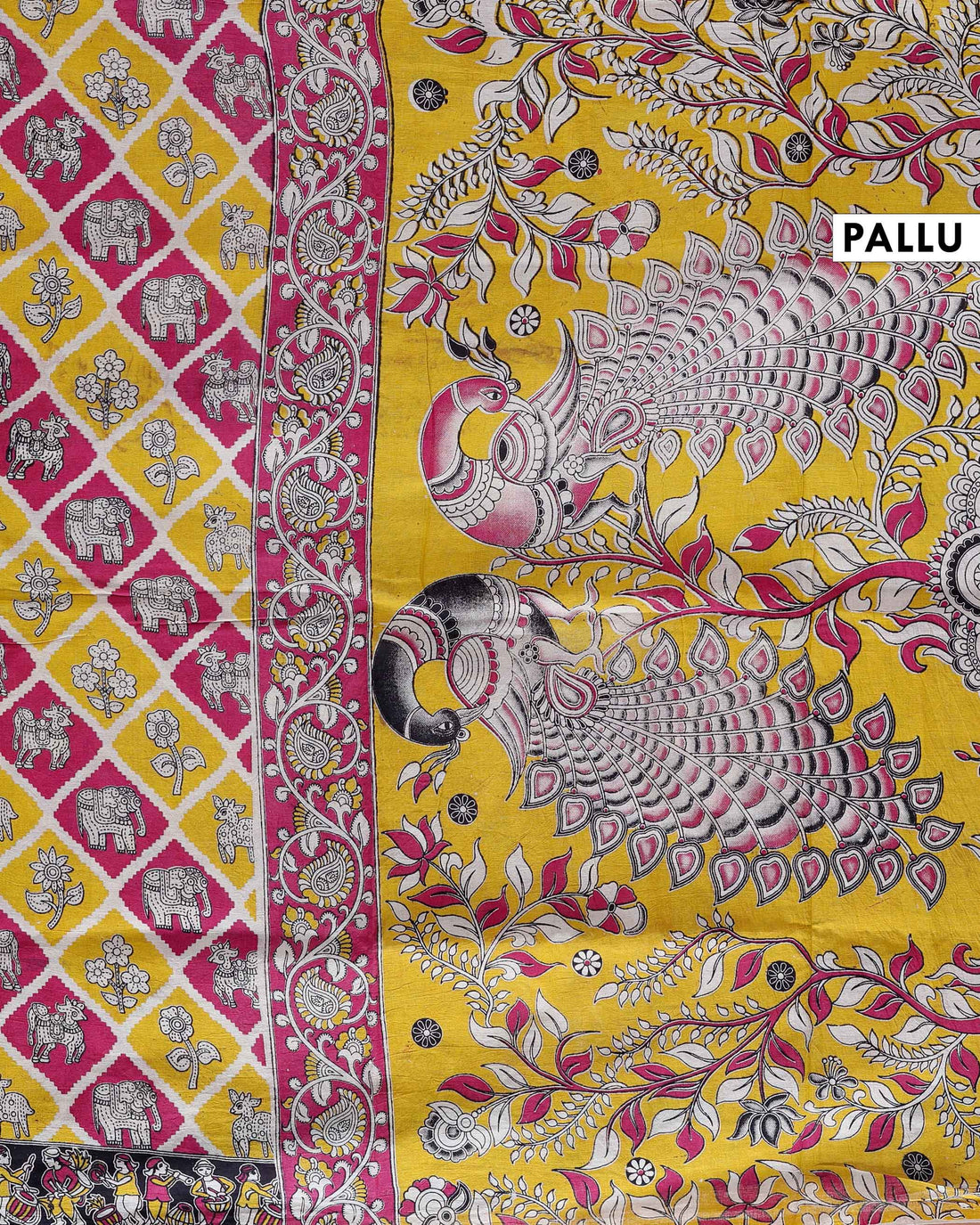 Handloom Kalamkari Handblock Print Cotton Saree with Elephant & Floral Motifs - Yellow