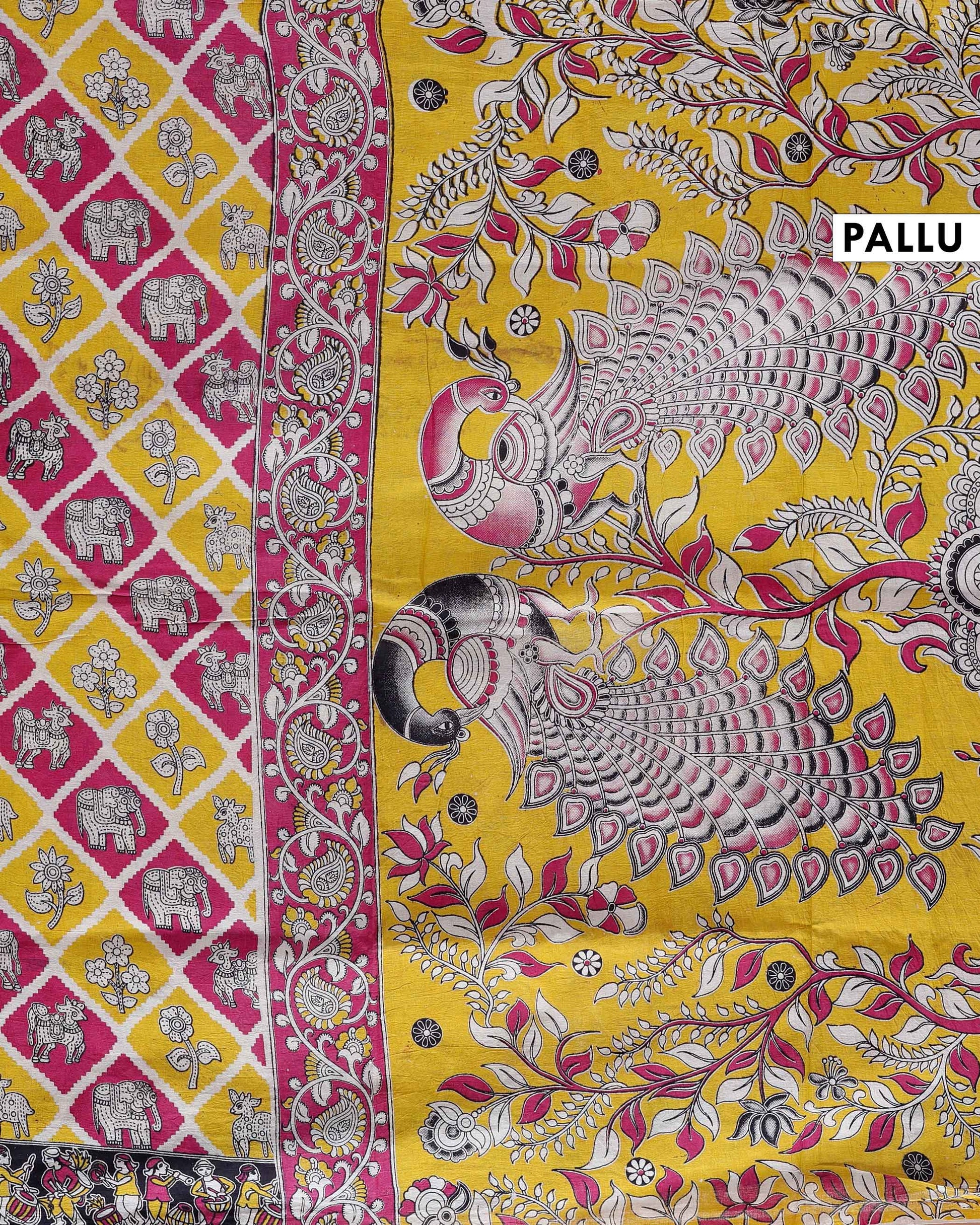 Handloom Kalamkari Handblock Print Cotton Saree with Elephant & Floral Motifs - Yellow-pallu