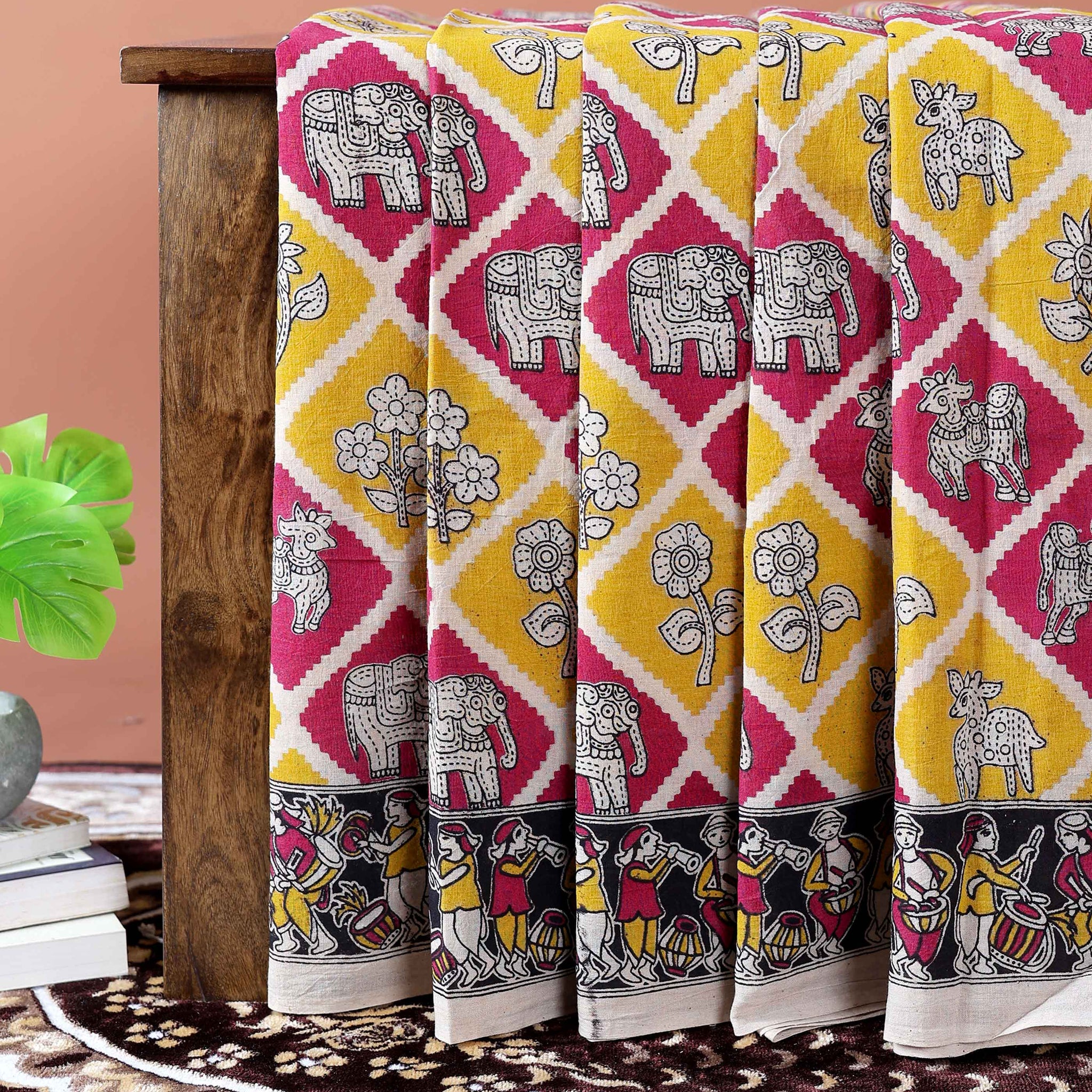 Handloom Kalamkari Handblock Print Cotton Saree with Elephant & Floral Motifs - Yellow