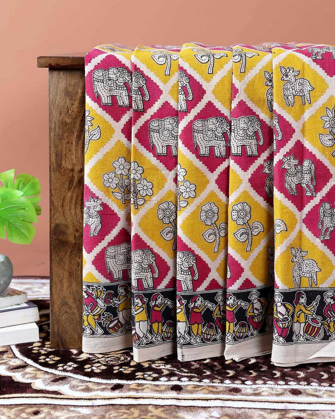 Handloom Kalamkari Handblock Print Cotton Saree with Elephant & Floral Motifs - Yellow
