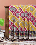Handloom Kalamkari Handblock Print Cotton Saree with Elephant & Floral Motifs - Yellow
