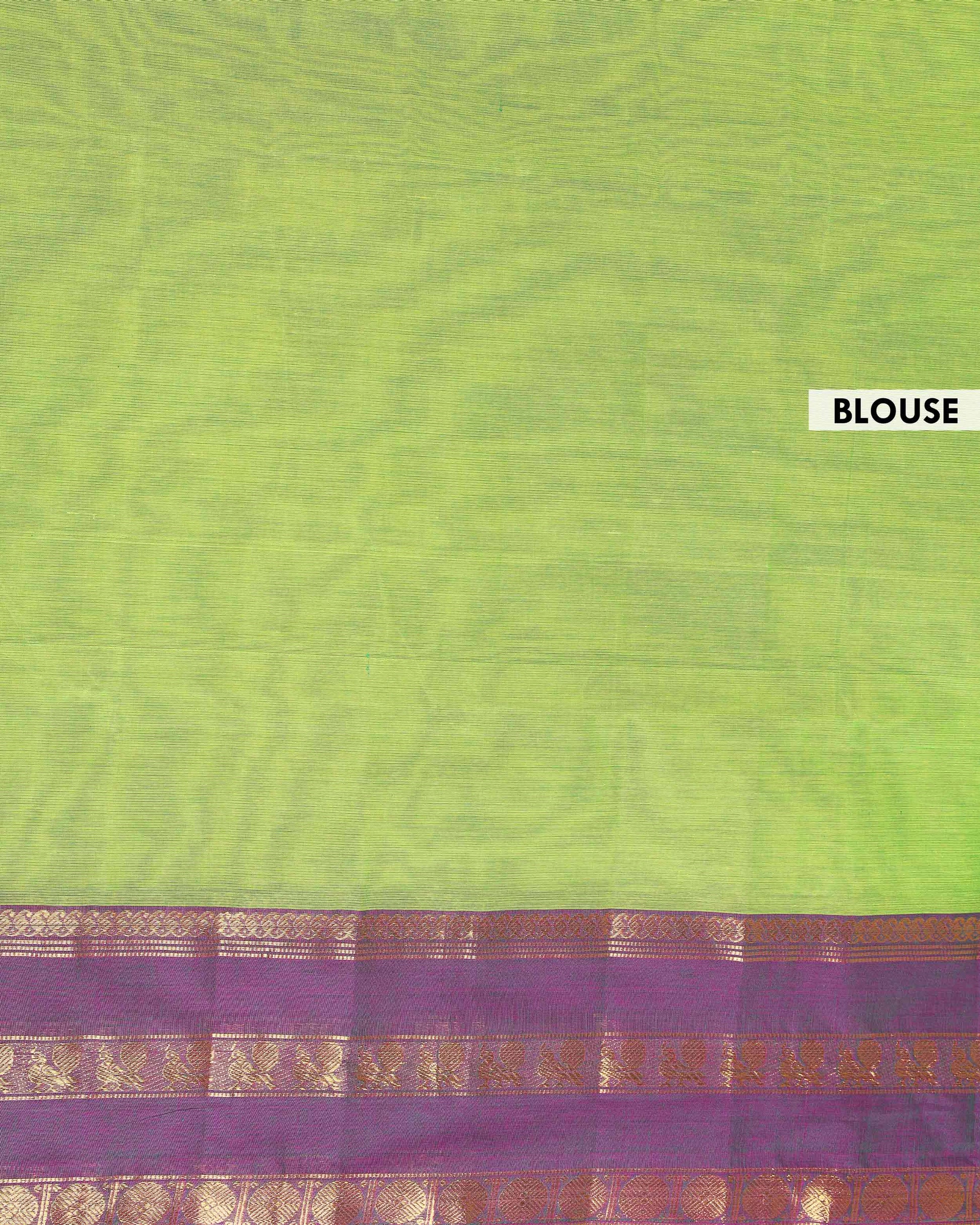 Handloom Kanchi Cotton Saree with Classic Checks and Temple Border - Green-Blouse