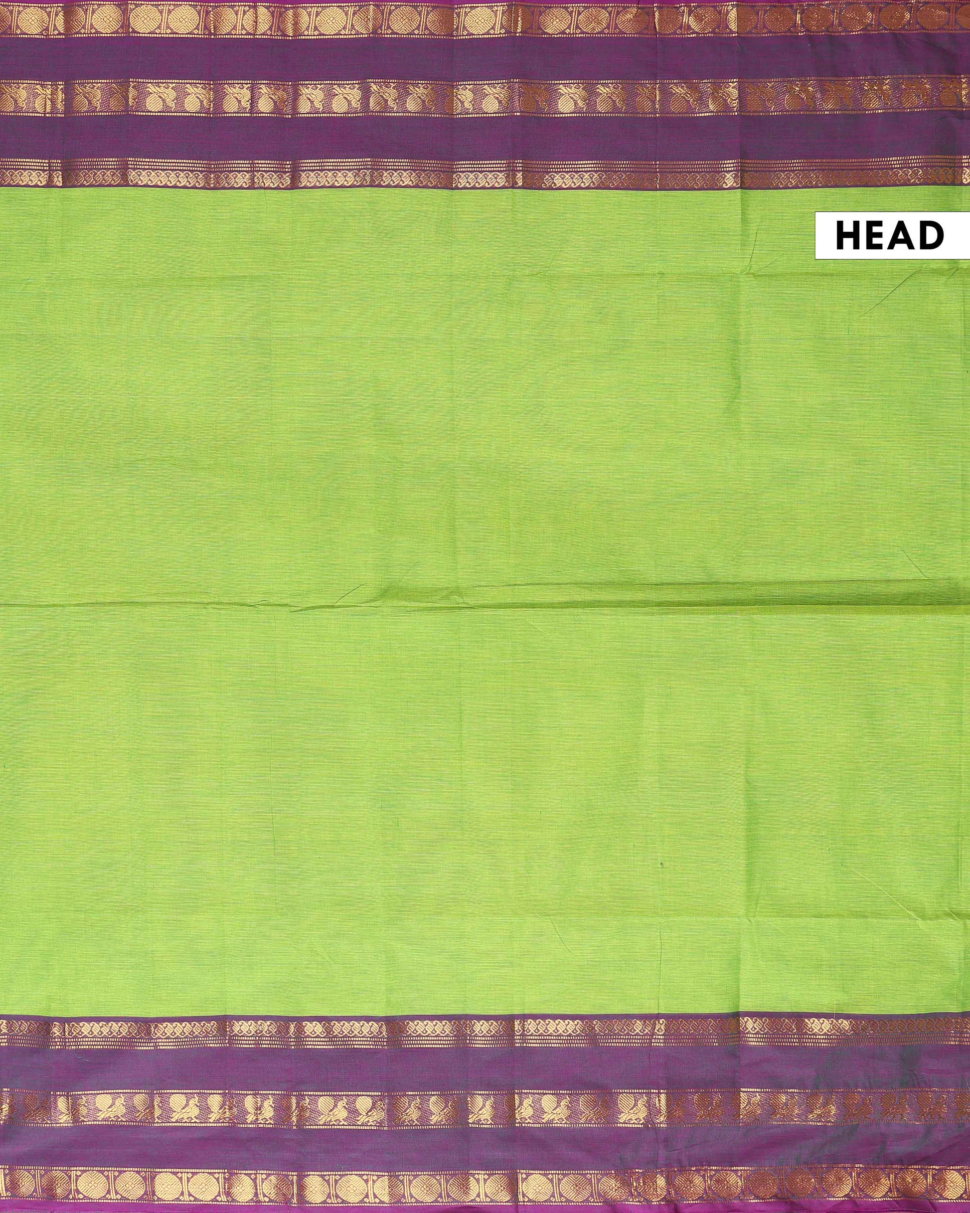 Handloom Kanchi Cotton Saree with Classic Checks and Temple Border - Green-Head