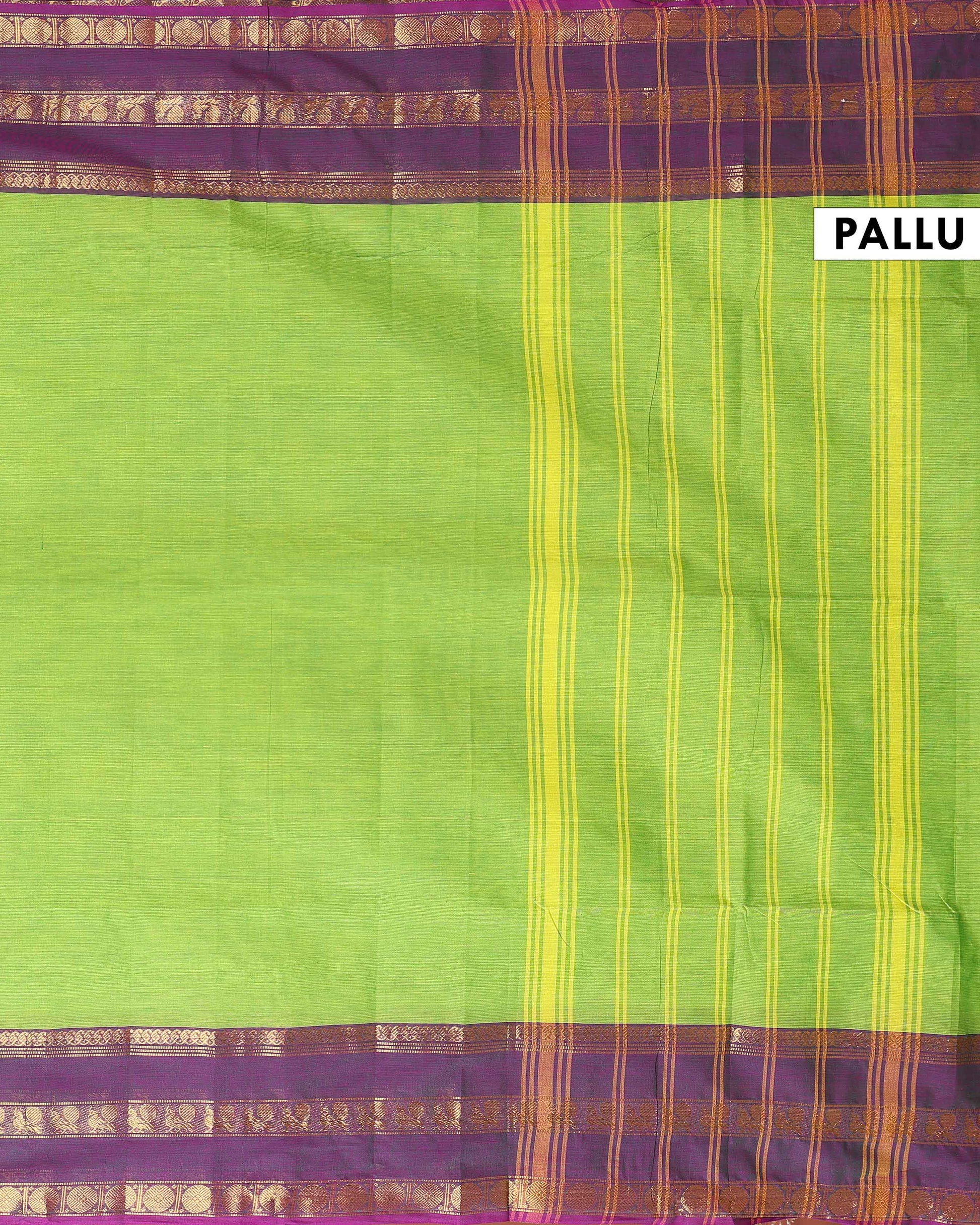 Handloom Kanchi Cotton Saree with Classic Checks and Temple Border - Green-Pallu