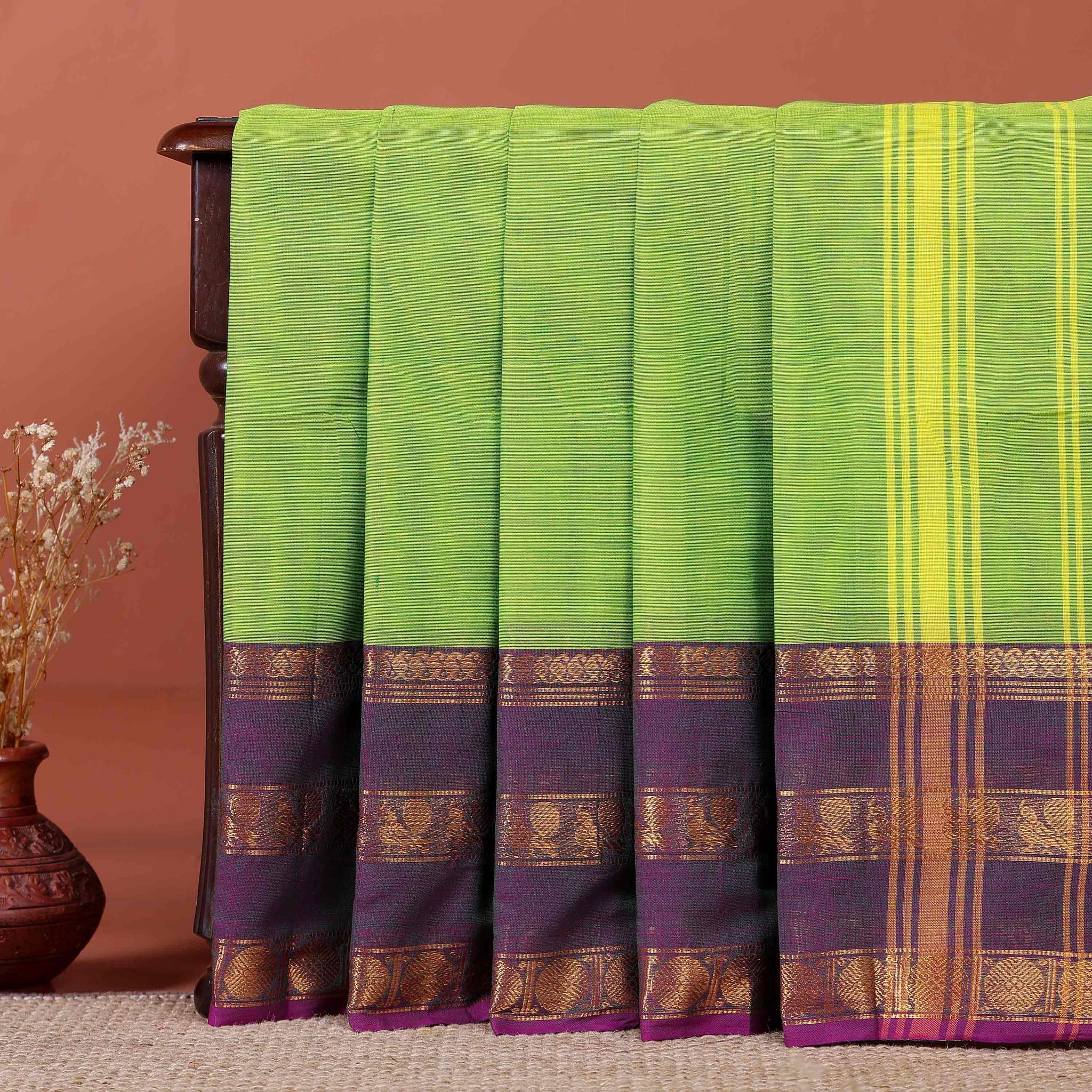Handloom Kanchi Cotton Saree with Classic Checks and Temple Border - Green