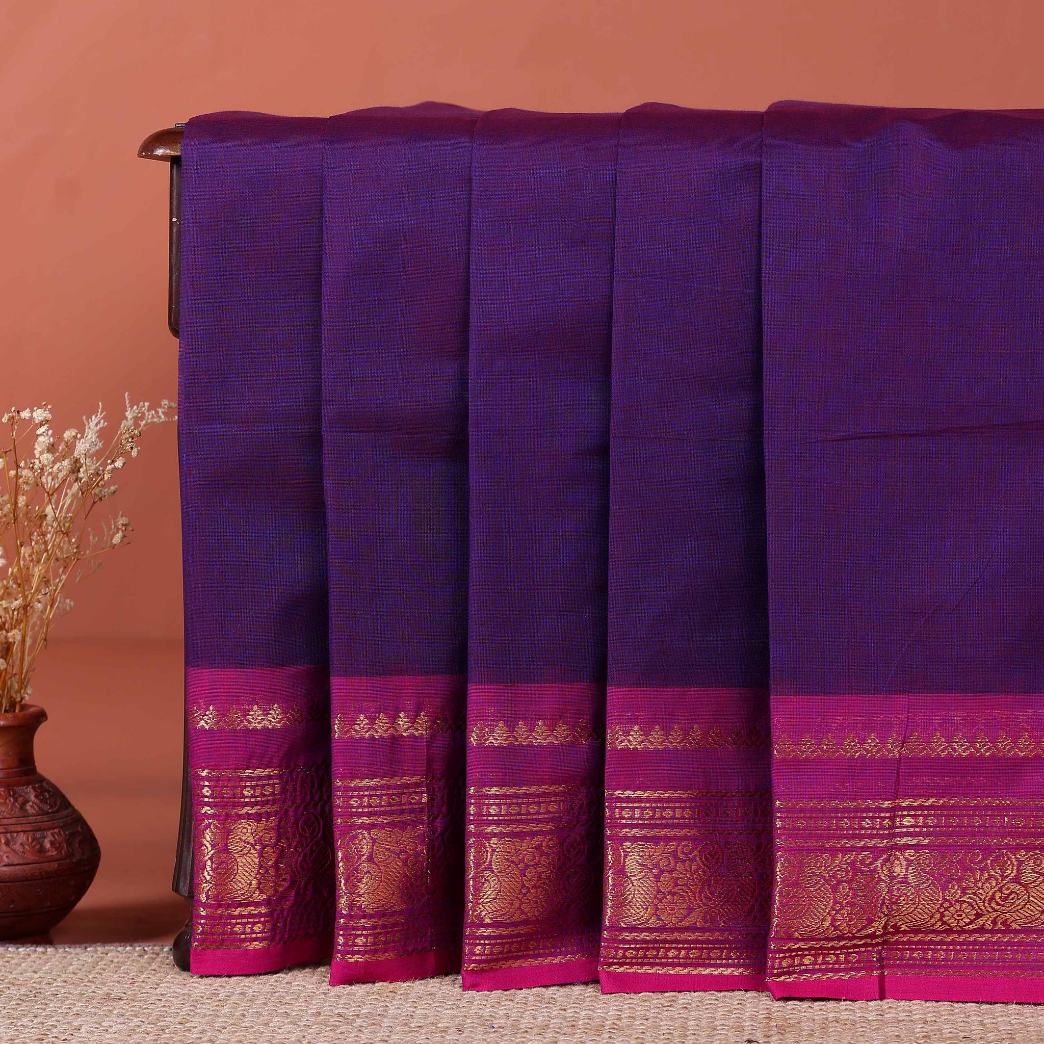 Handloom Kanchi Cotton Saree with Intricate Zari Work - Purple