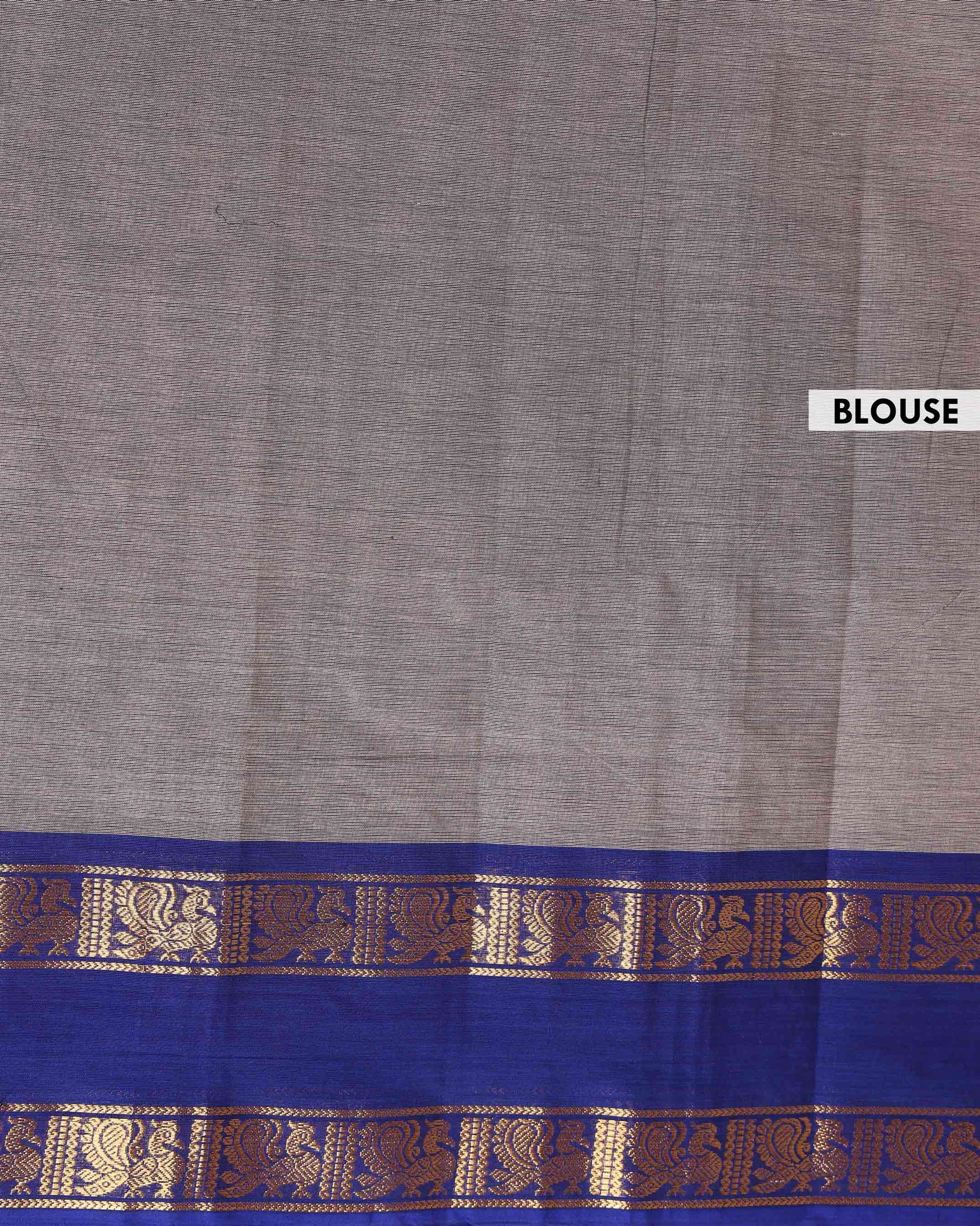 Handloom Kanchi Cotton Saree with Striped Body and Woven Zari Border - Grey-Head-Blouse
