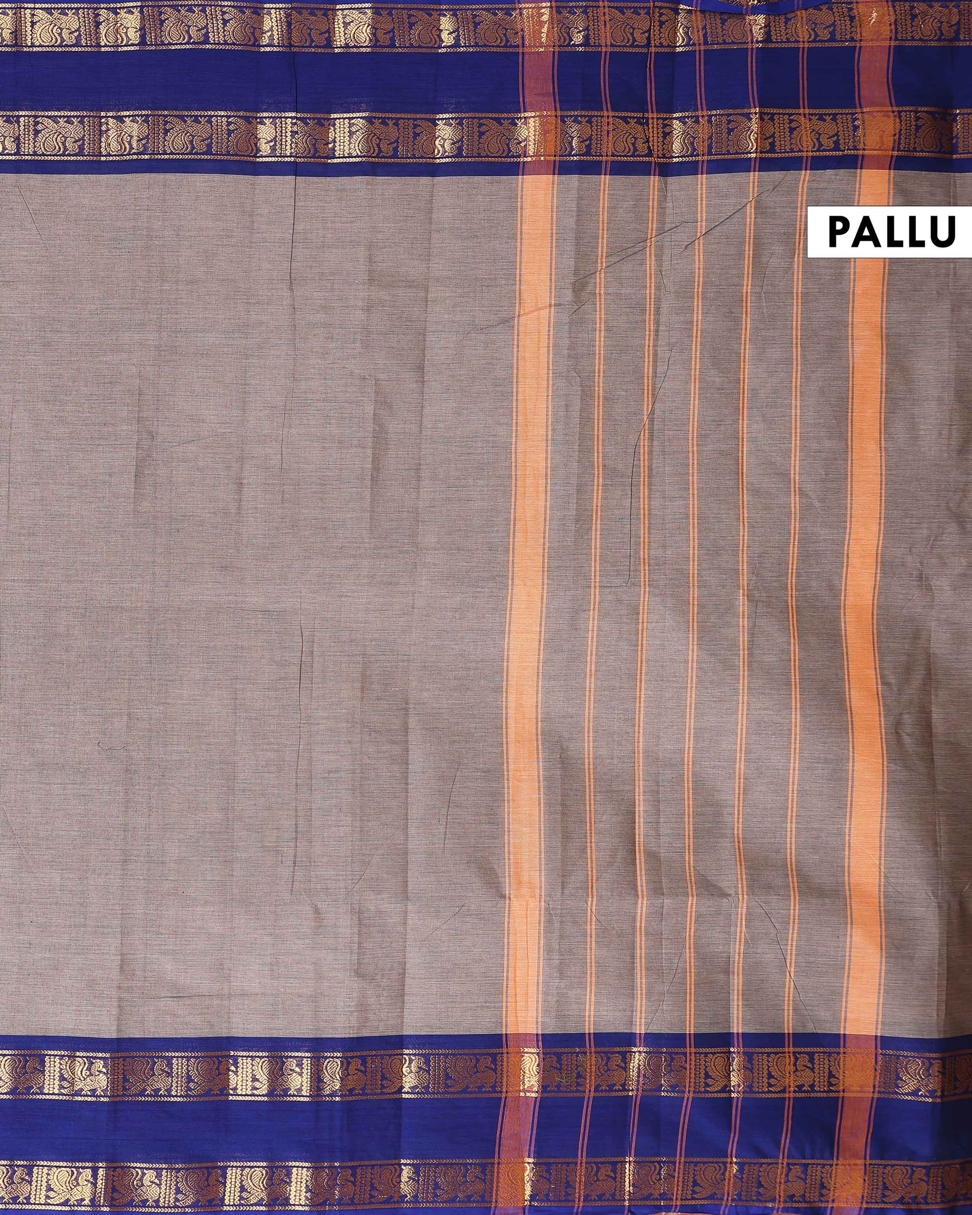 Handloom Kanchi Cotton Saree with Striped Body and Woven Zari Border - Grey-Head-PALLU