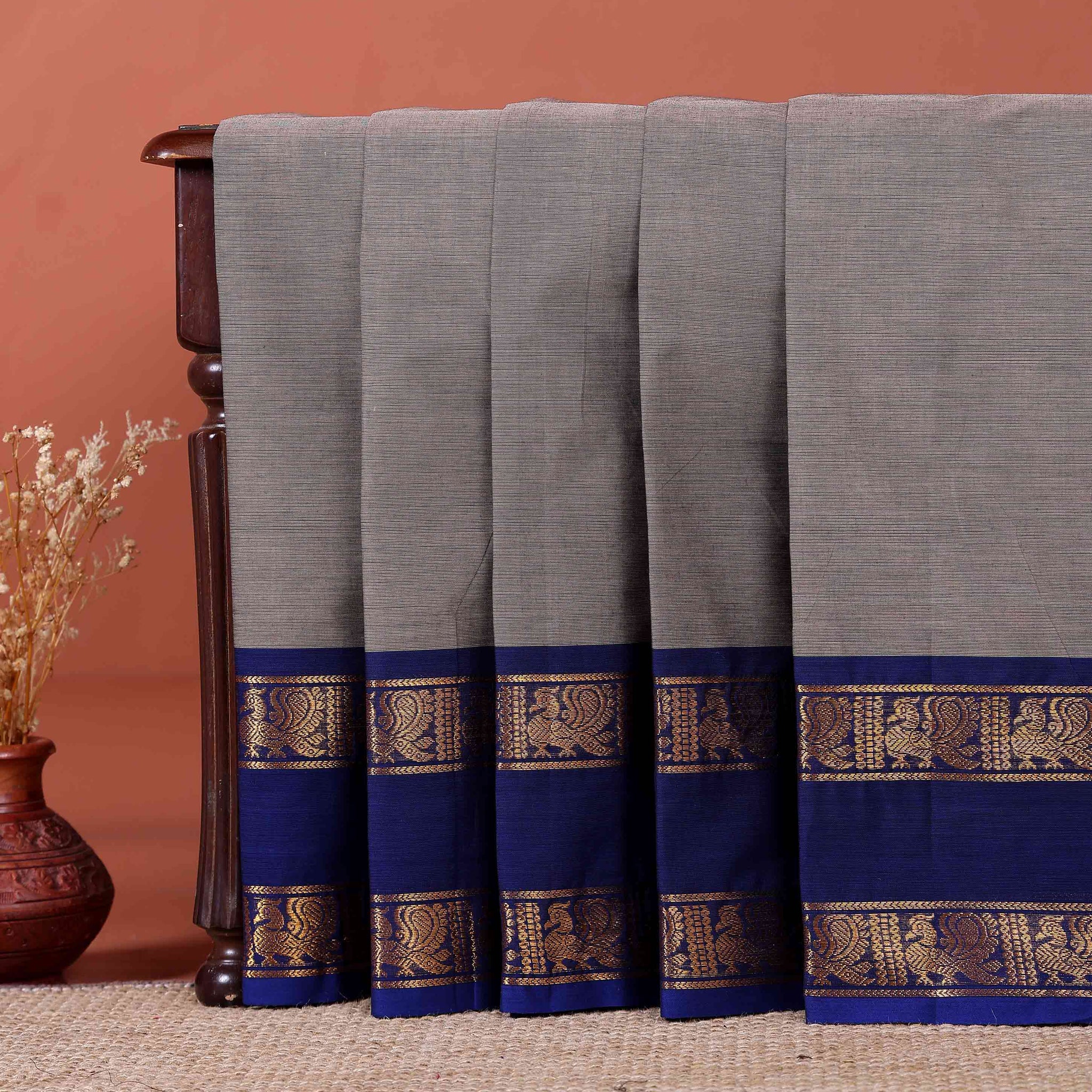 Handloom Kanchi Cotton Saree with Striped Body and Woven Zari Border - Grey