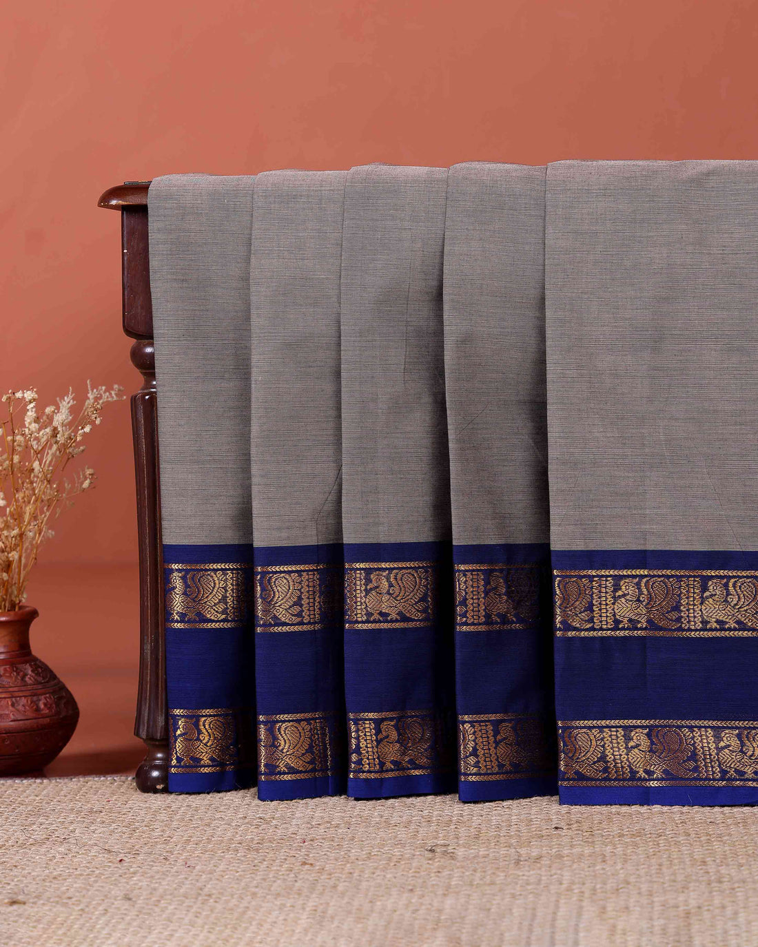 Handloom Kanchi Cotton Saree with Striped Body and Woven Zari Border - Grey
