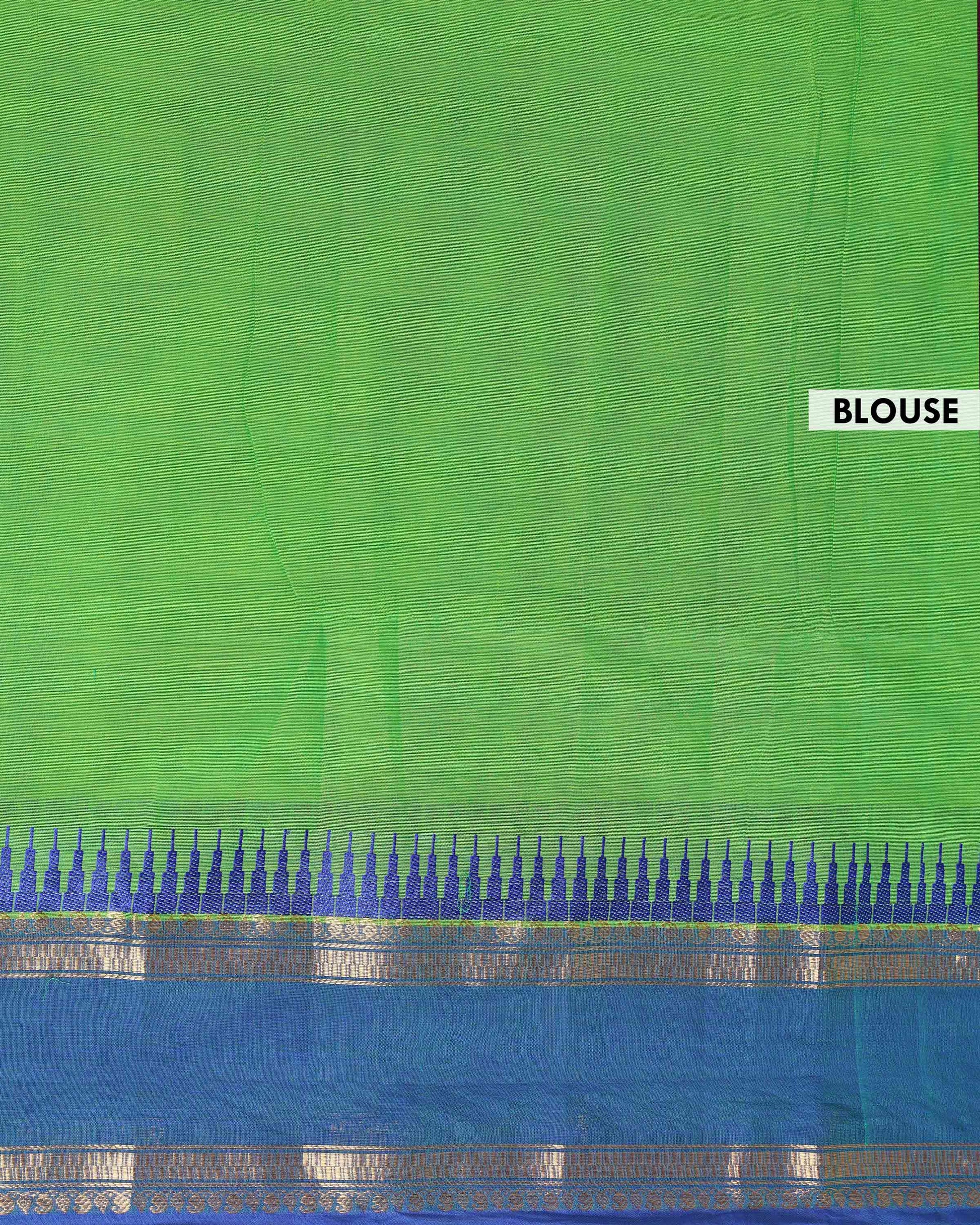 Handloom Kanchi Cotton Saree with Traditional Temple Border - Green-Blouse