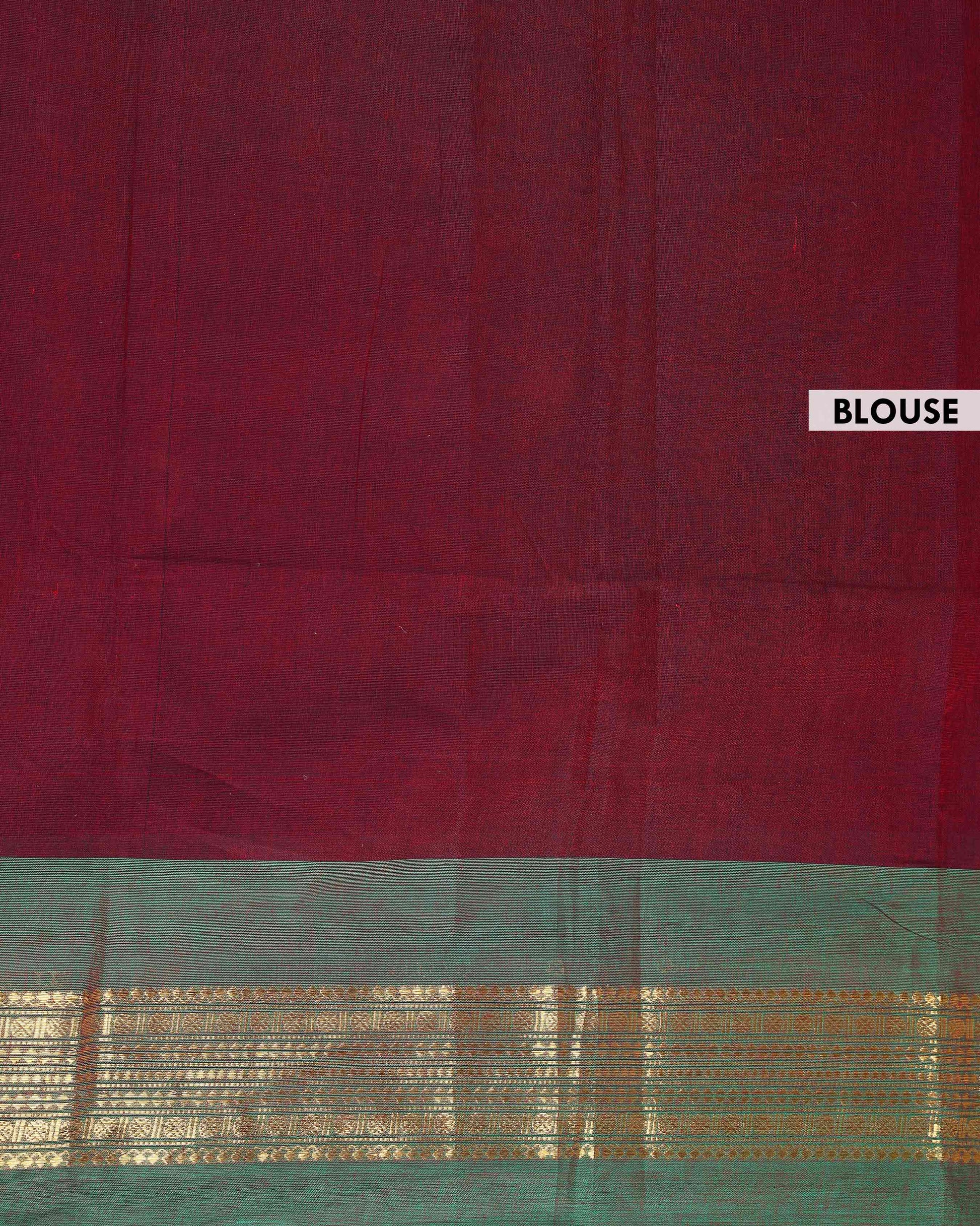 Handloom Kanchi Cotton Saree with Traditional Temple Border - Maroon-Blouse