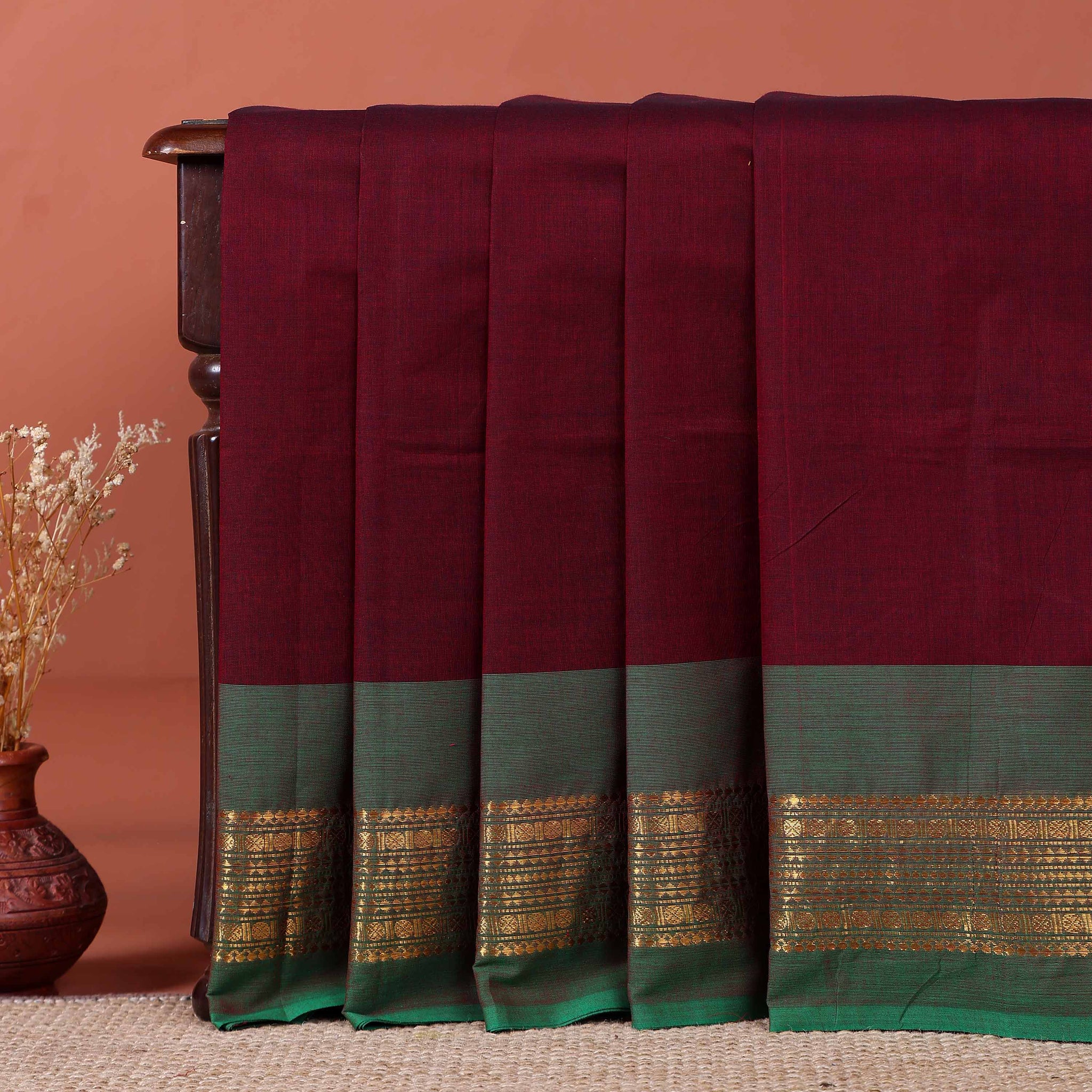 Handloom Kanchi Cotton Saree with Traditional Temple Border - Maroon