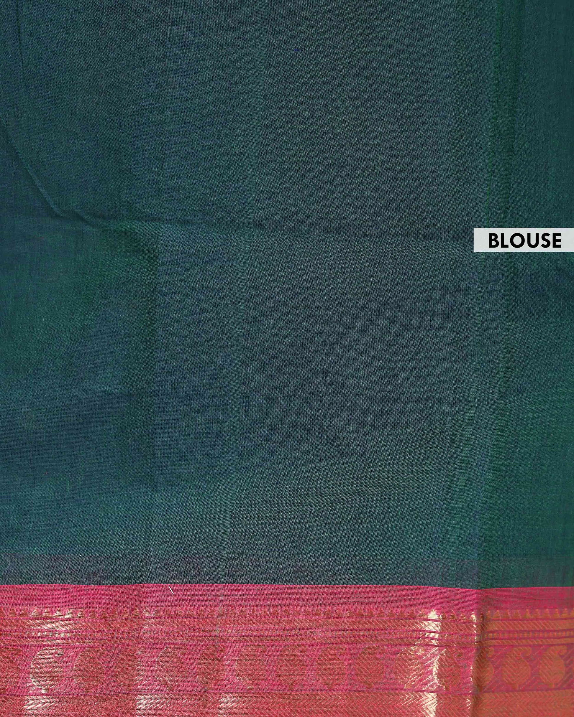 Handloom Kanchi Cotton Saree with Traditional Zari Border - Dark Green-Blouse