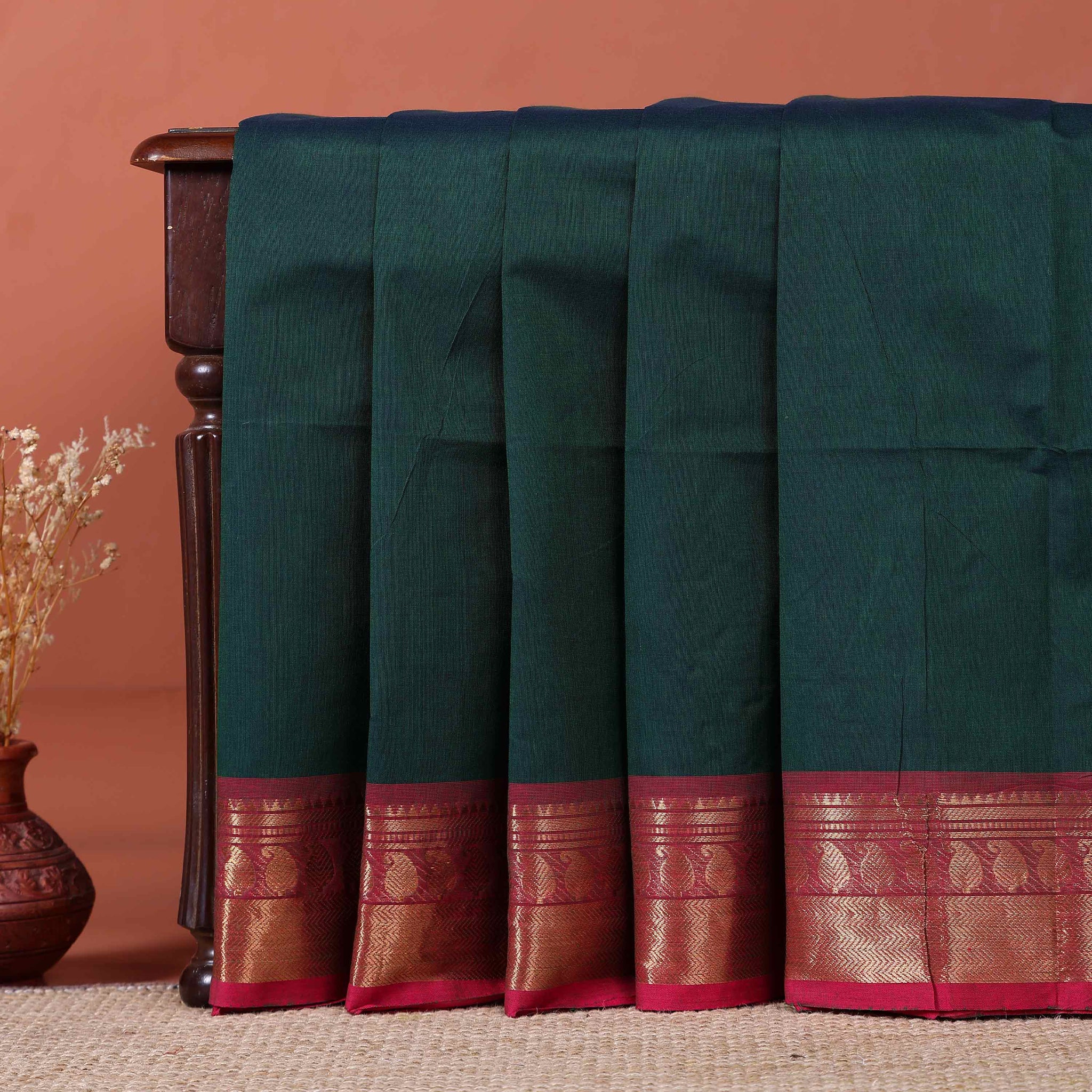 Handloom Kanchi Cotton Saree with Traditional Zari Border - Dark Green