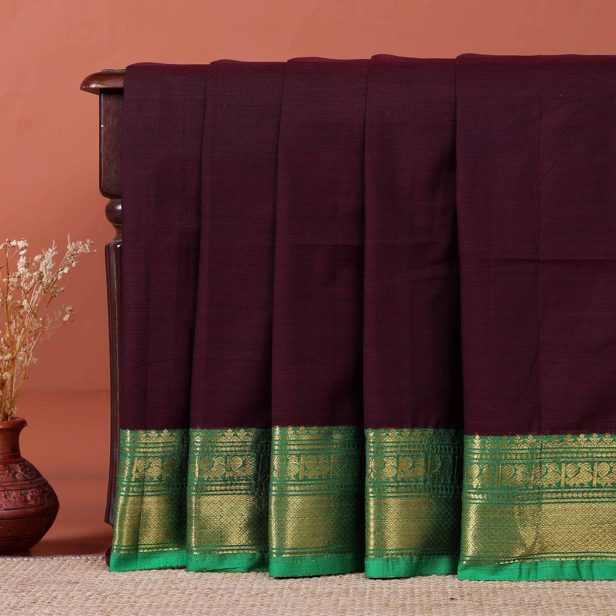 Handloom Kanchi Cotton Saree with Traditional Zari Border - Dark Purple