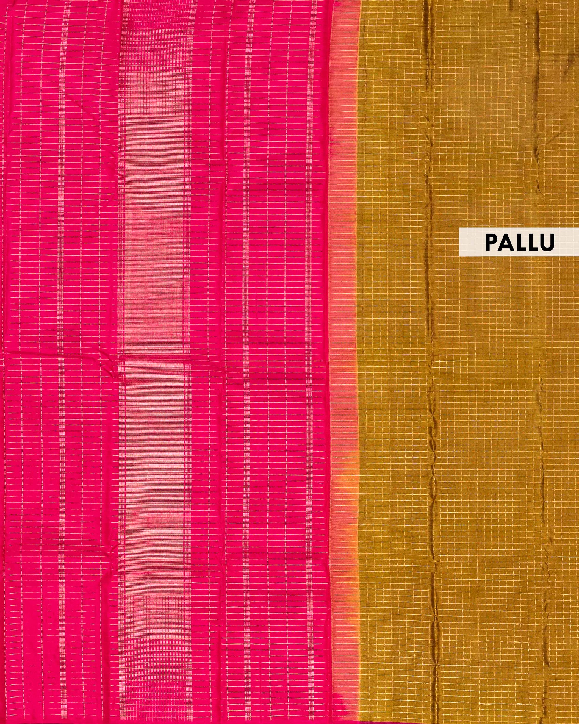 Elegant Handloom Kanchipuram Pure Silk Saree with Fine Checks and Contrast Border - Olive Green-Pallu