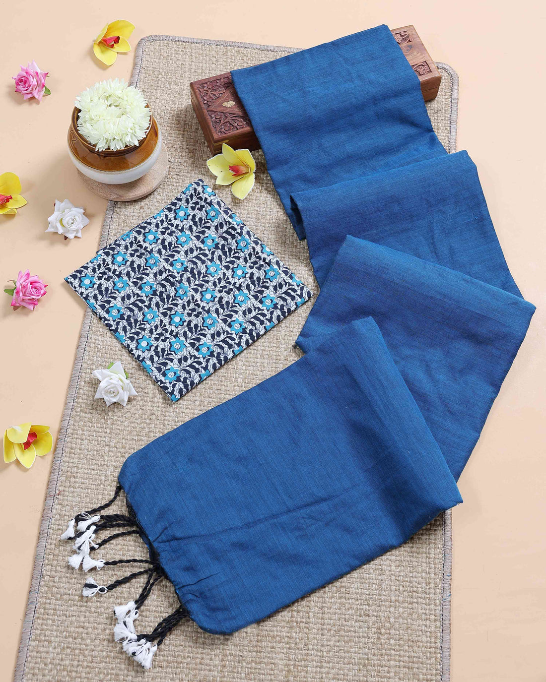 Handloom Khadi Cotton Saree with Contrast Printed Blouse and Tassel Accents - Teal