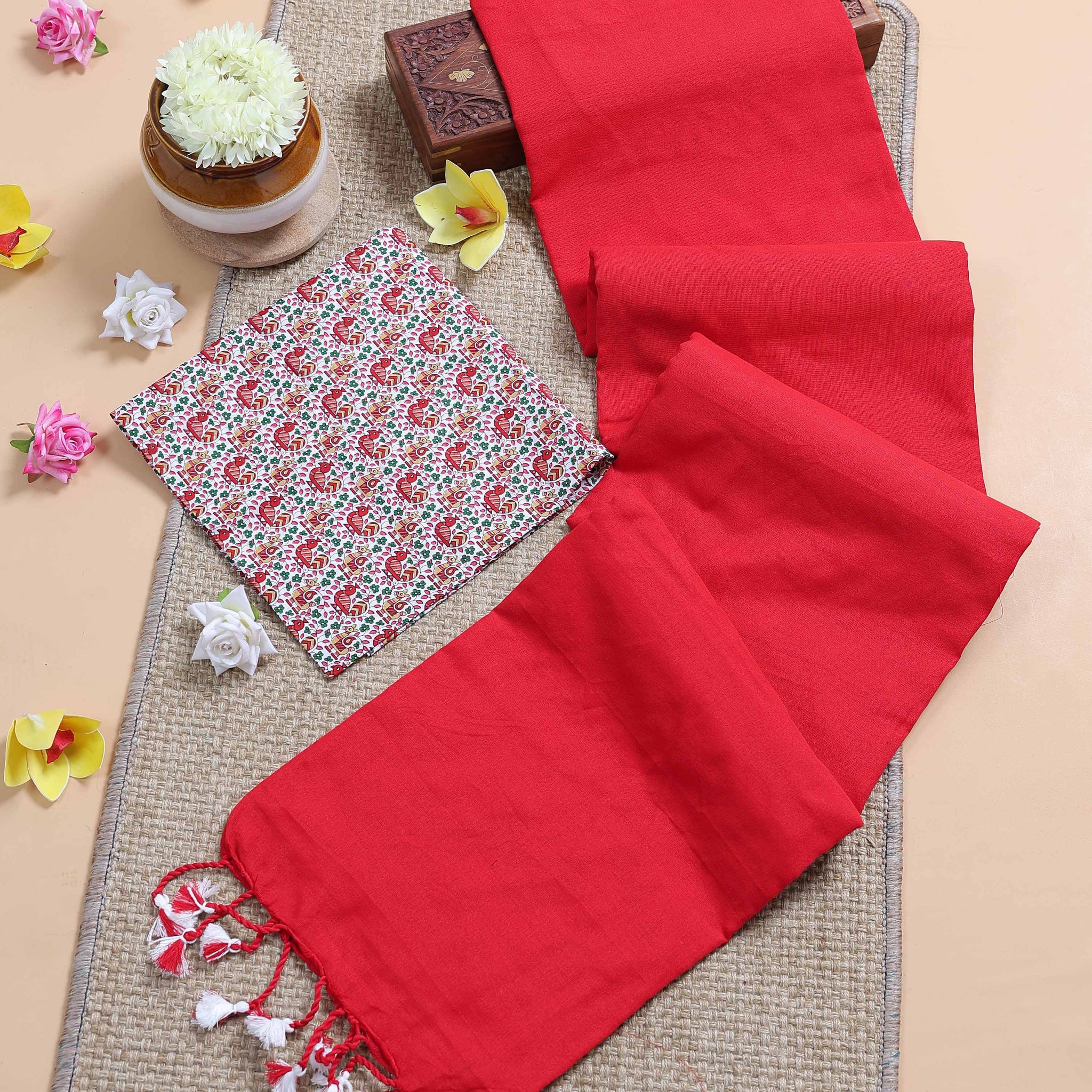 Handloom Khadi Cotton Saree with Contrast Printed Blouse and Tassel Accents -Red
