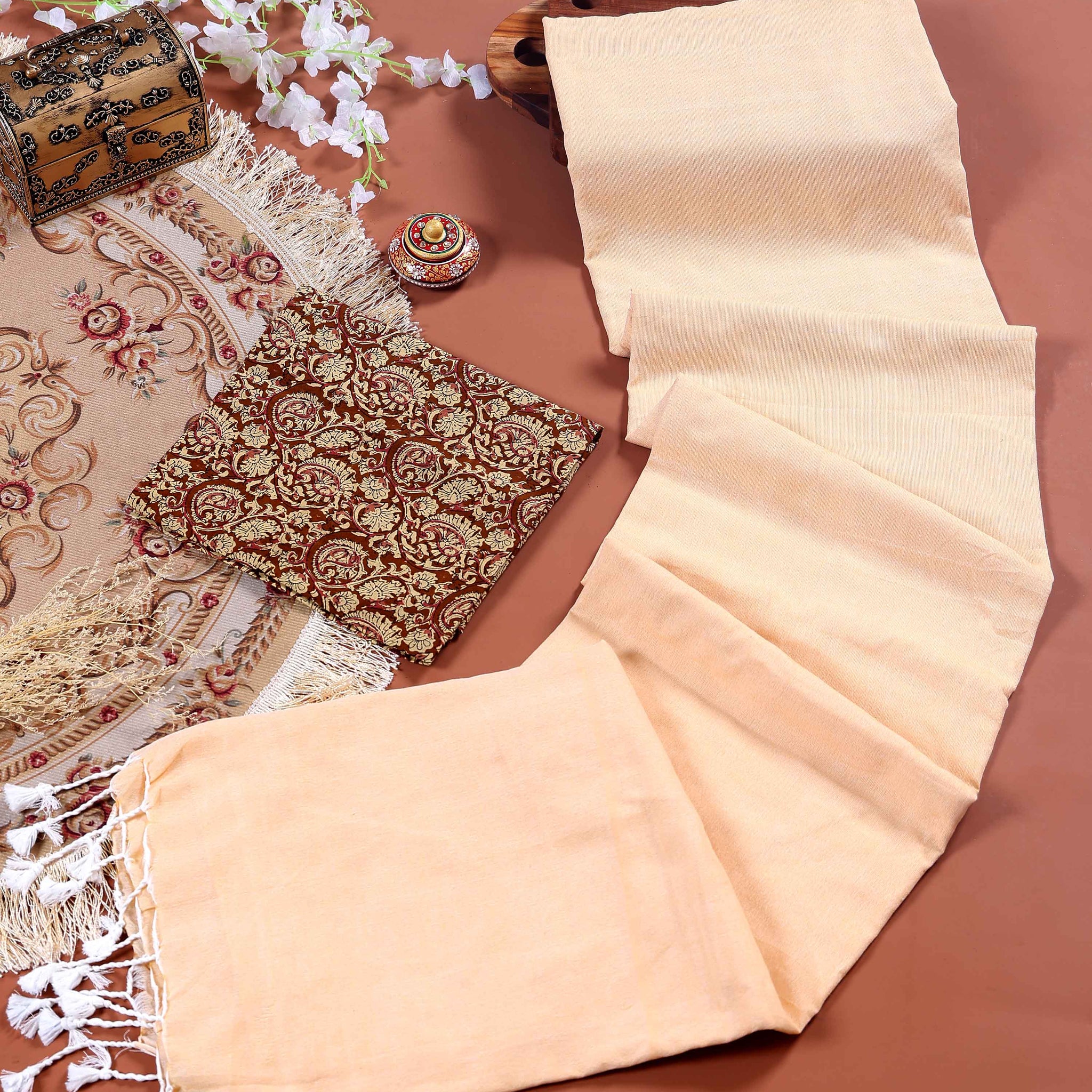 Handloom Khadi Cotton Saree with Contrast Printed Blouse and Tassel Accents -Sandal