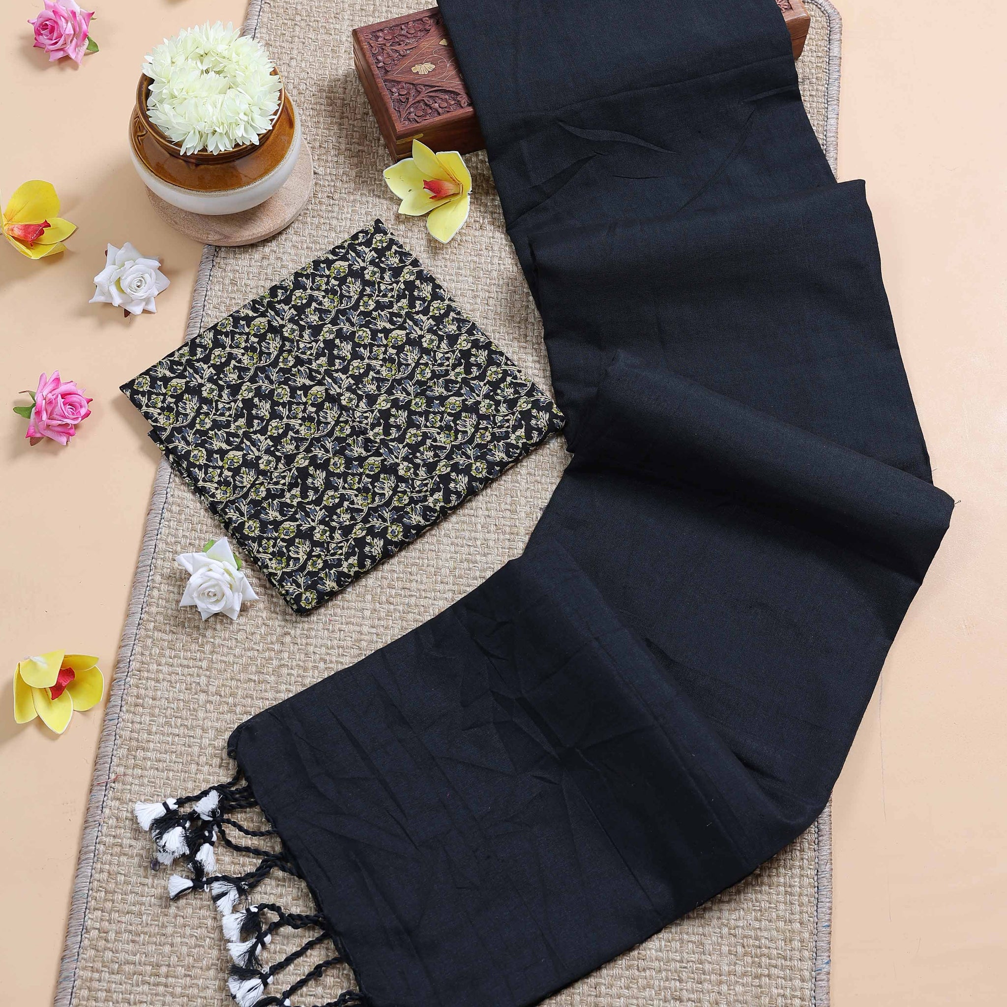 Handloom Khadi Cotton Saree with Contrast Printed Blouse and Tassel Accents - Black