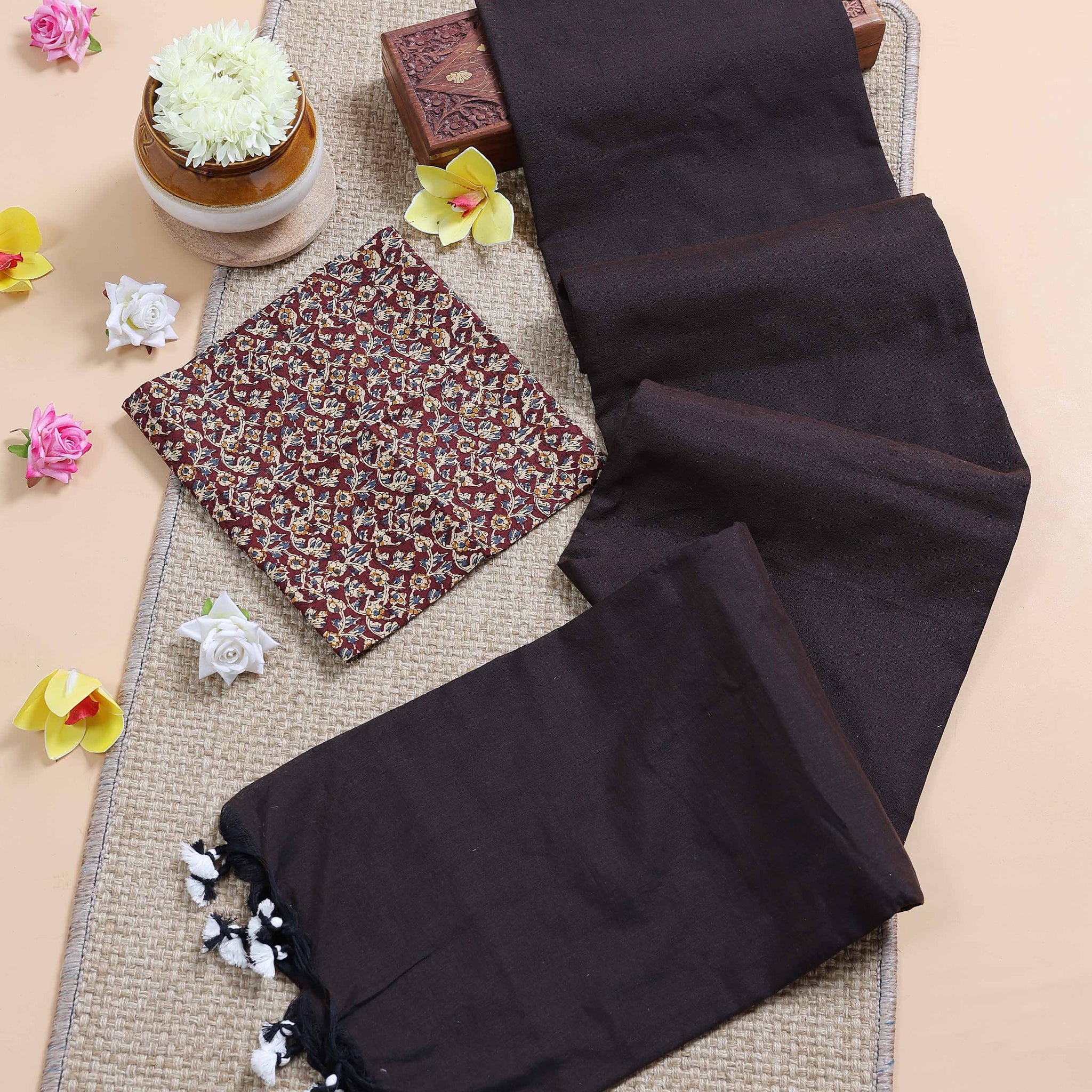 Handloom Khadi Cotton Saree with Contrast Printed Blouse and Tassel Accents - Dark Brown