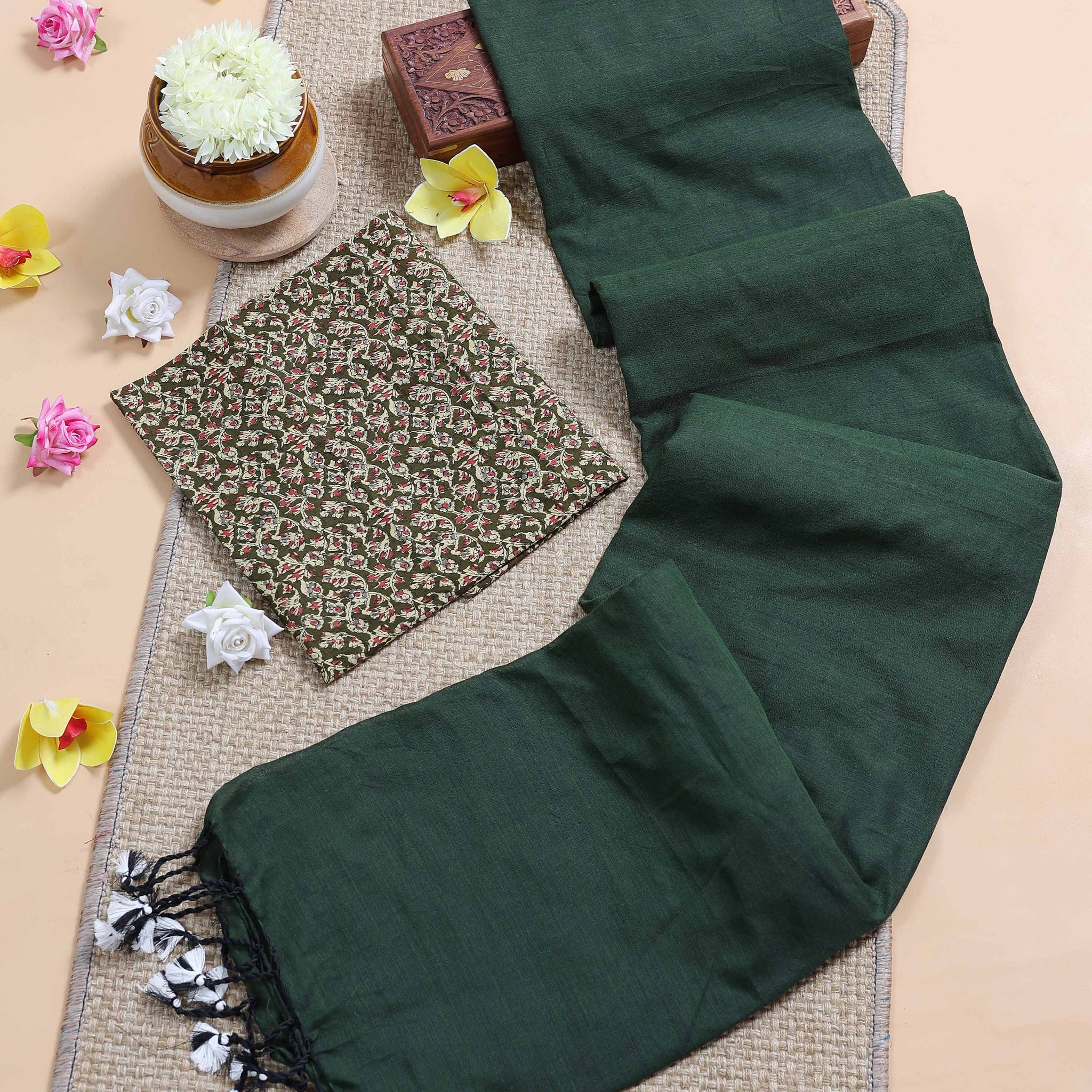 Handloom Khadi Cotton Saree with Contrast Printed Blouse and Tassel Accents - Dark Green