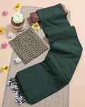 Handloom Khadi Cotton Saree with Contrast Printed Blouse and Tassel Accents - Dark Green