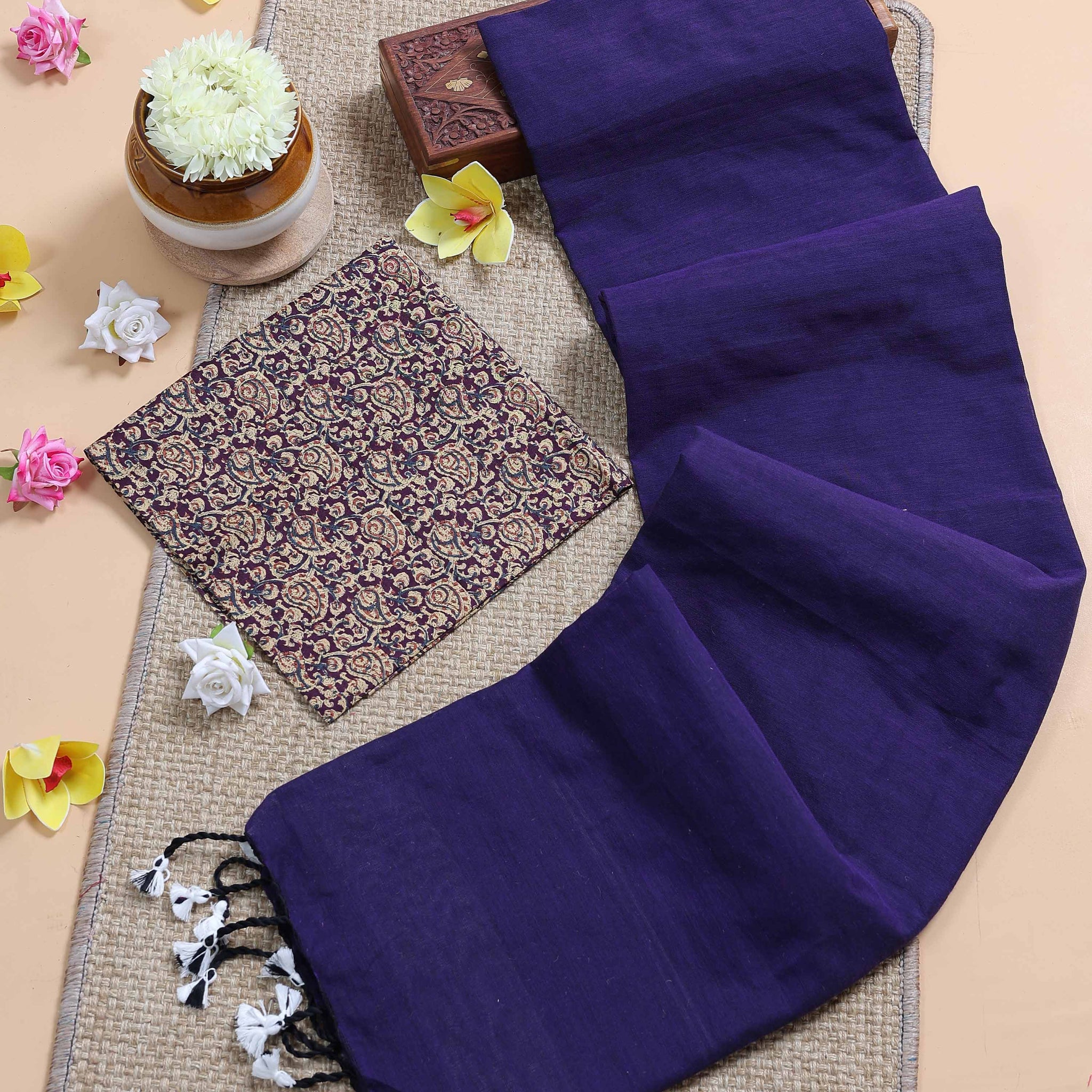 Handloom Khadi Cotton Saree with Contrast Printed Blouse and Tassel Accents - Dark Purple