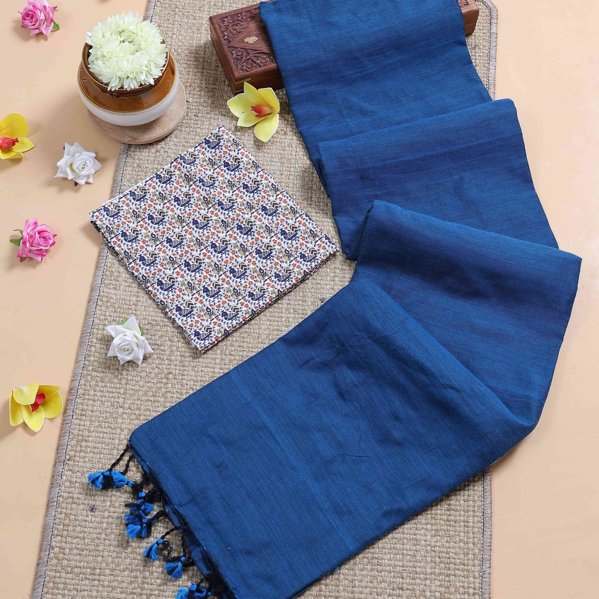 Handloom Khadi Cotton Saree with Contrast Printed Blouse and Tassel Accents - Dark Teal