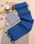 Handloom Khadi Cotton Saree with Contrast Printed Blouse and Tassel Accents - Dark Teal