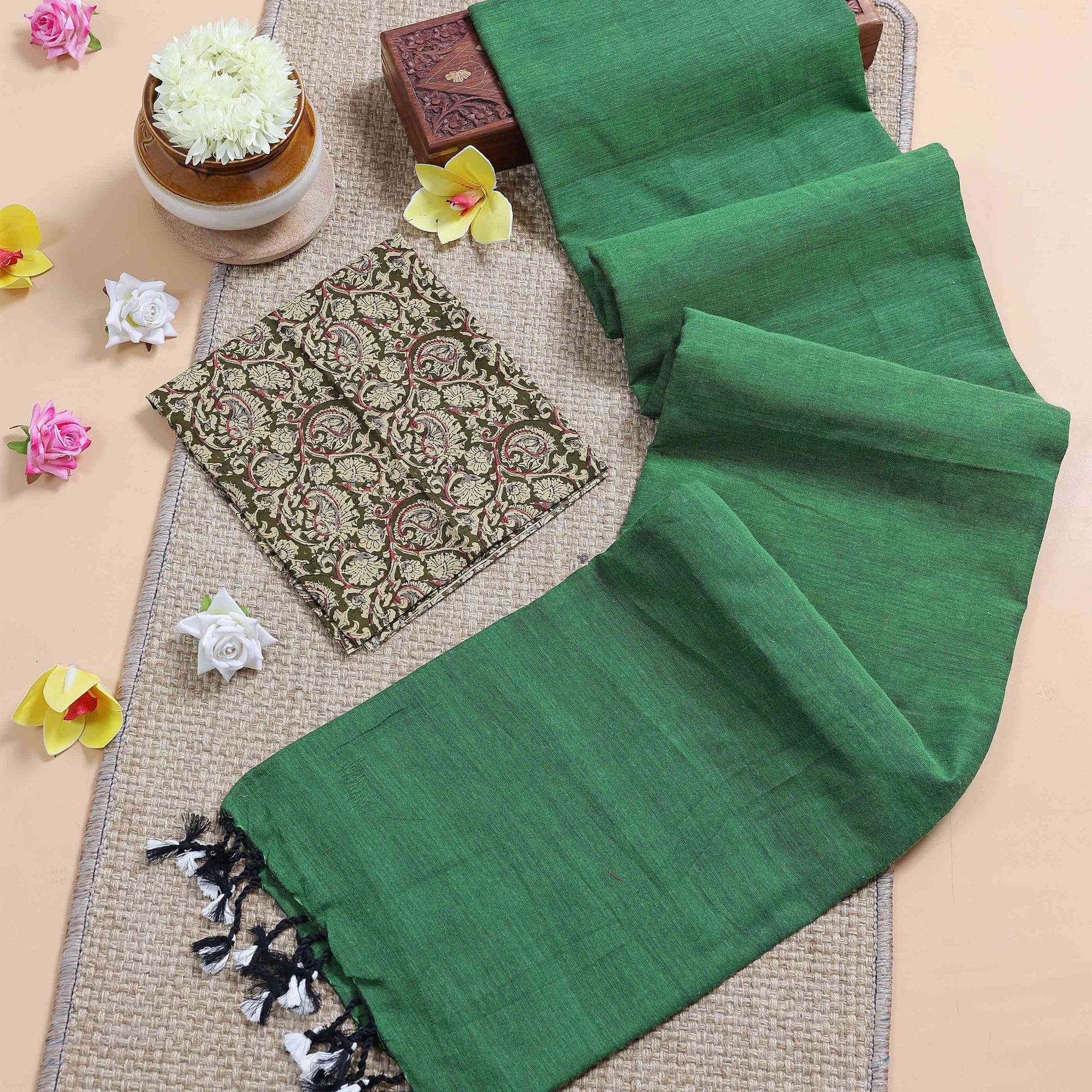 Handloom Khadi Cotton Saree with Contrast Printed Blouse and Tassel Accents - Green