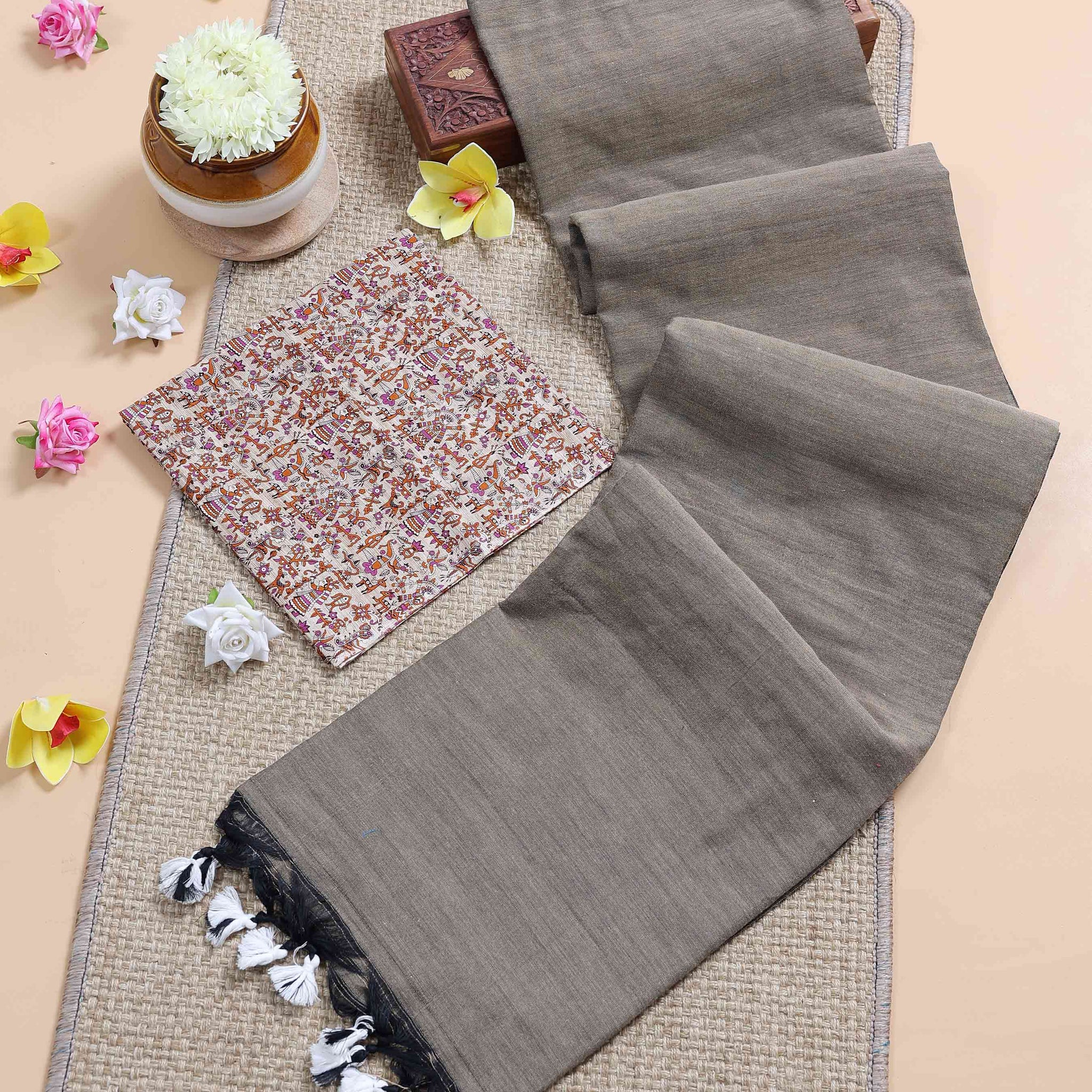 Handloom Khadi Cotton Saree with Contrast Printed Blouse and Tassel Accents - Grey