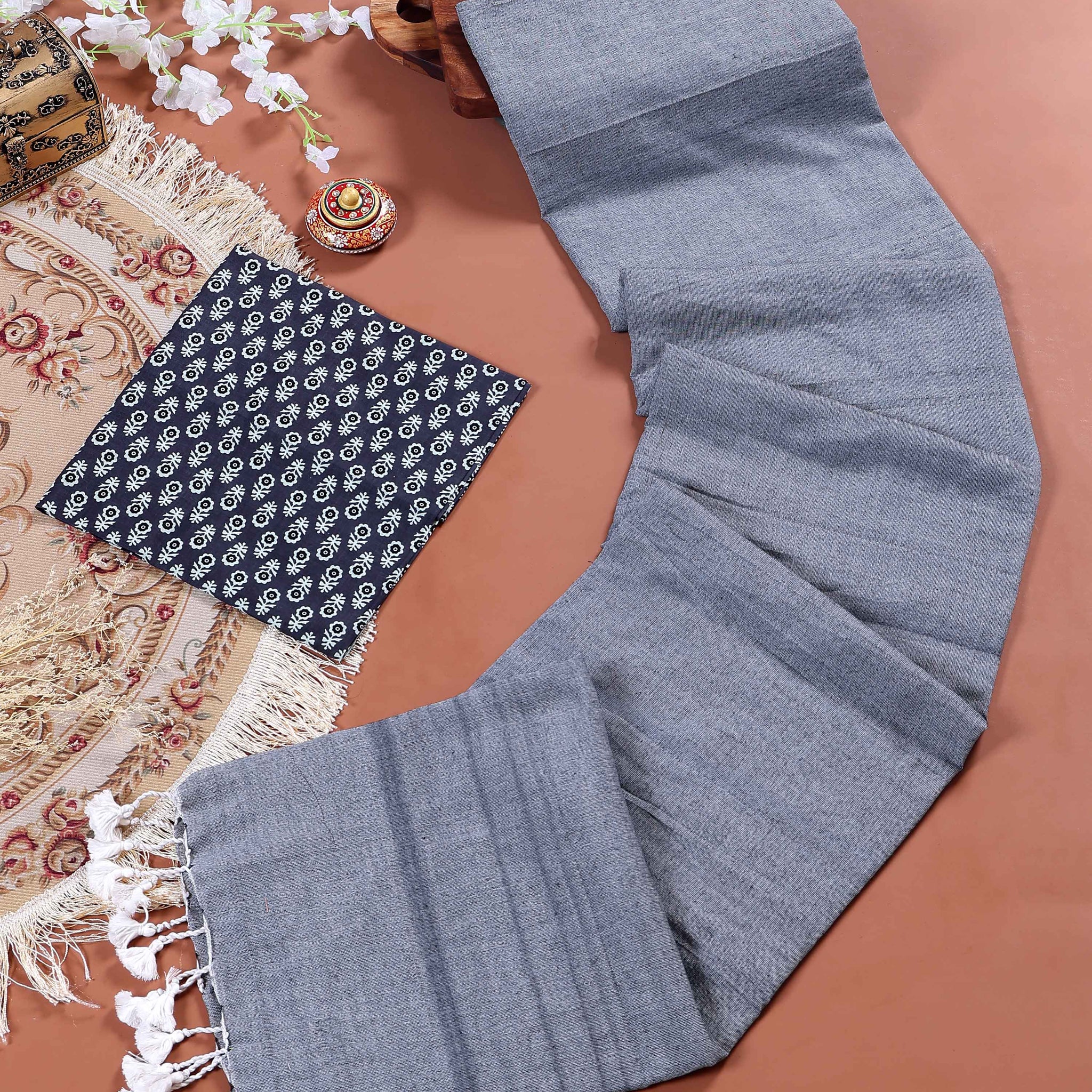 Handloom Khadi Cotton Saree with Contrast Printed Blouse and Tassel Accents - Grey