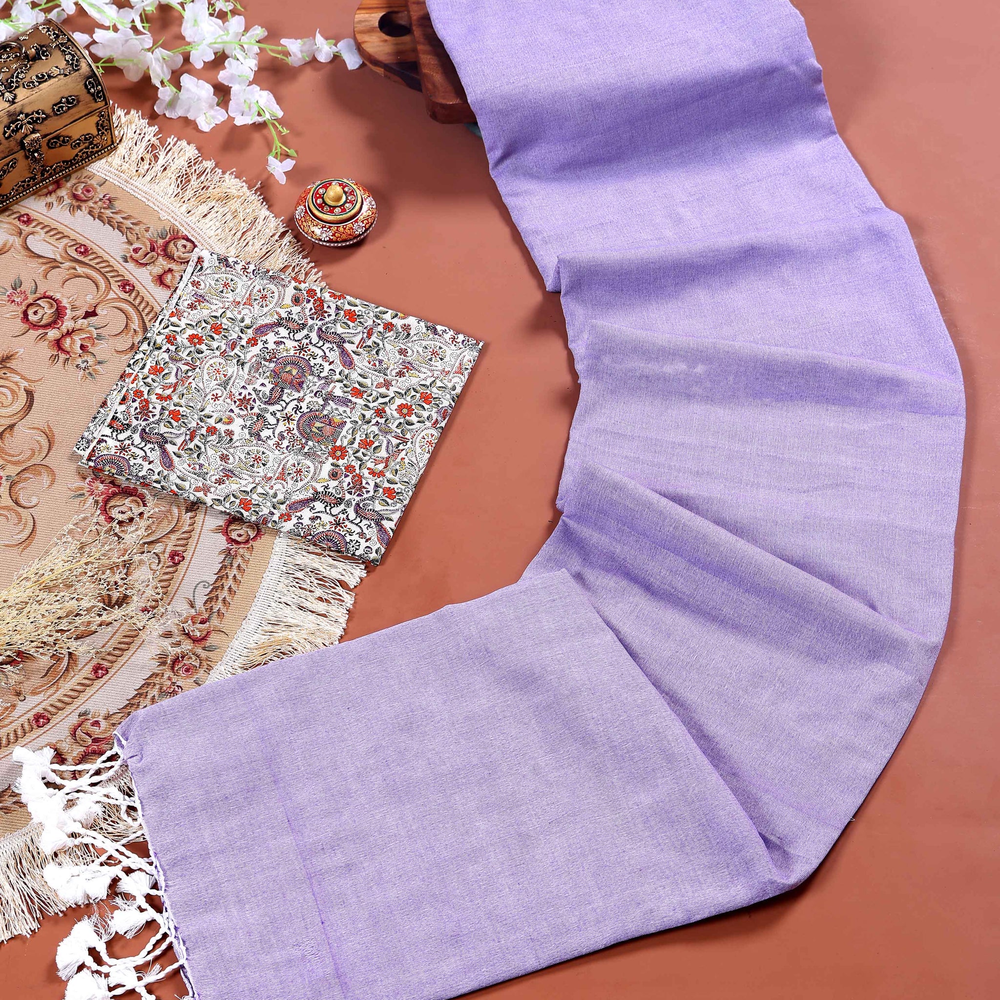 Handloom Khadi Cotton Saree with Contrast Printed Blouse and Tassel Accents - Lavender