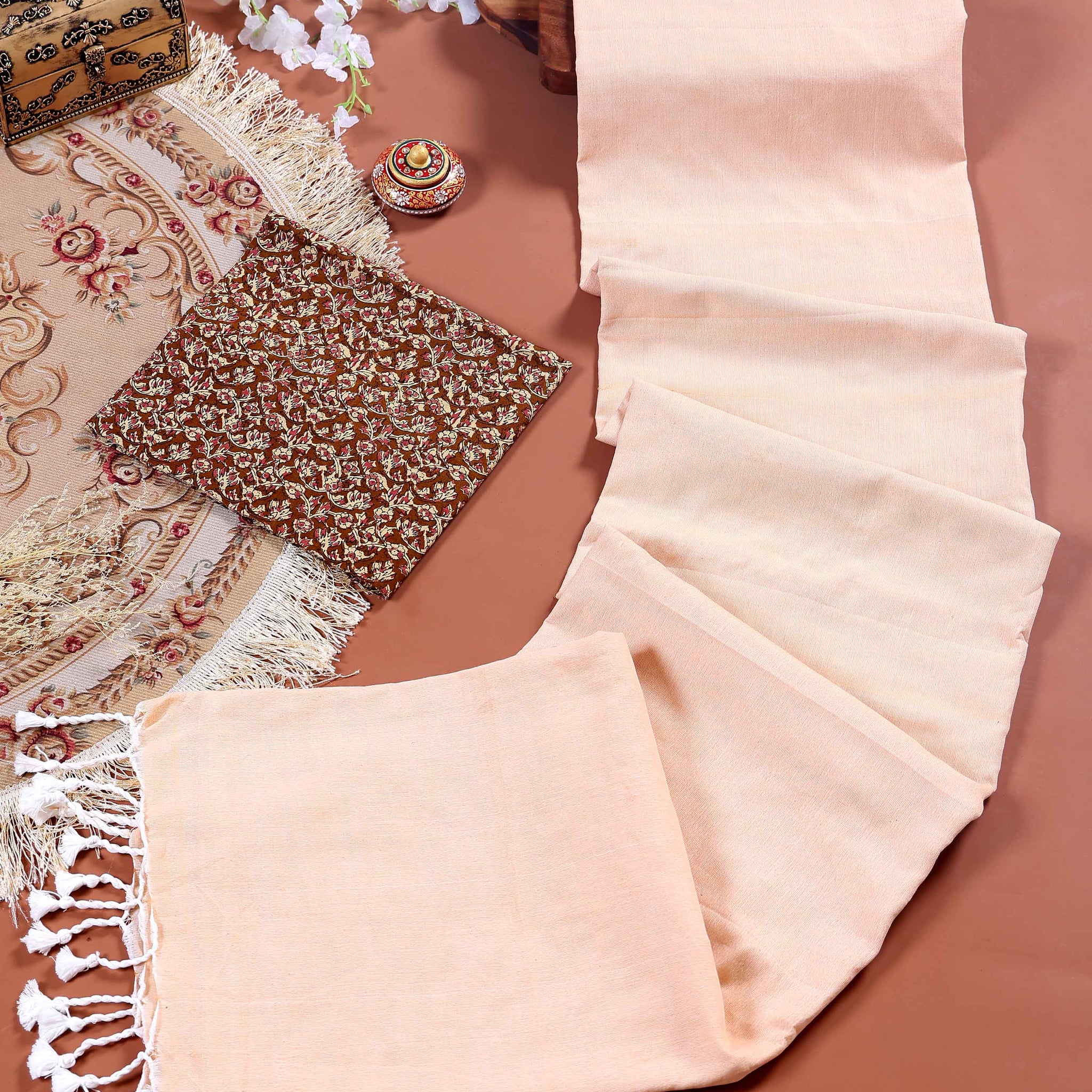 Handloom Khadi Cotton Saree with Contrast Printed Blouse and Tassel Accents - Light Sandal