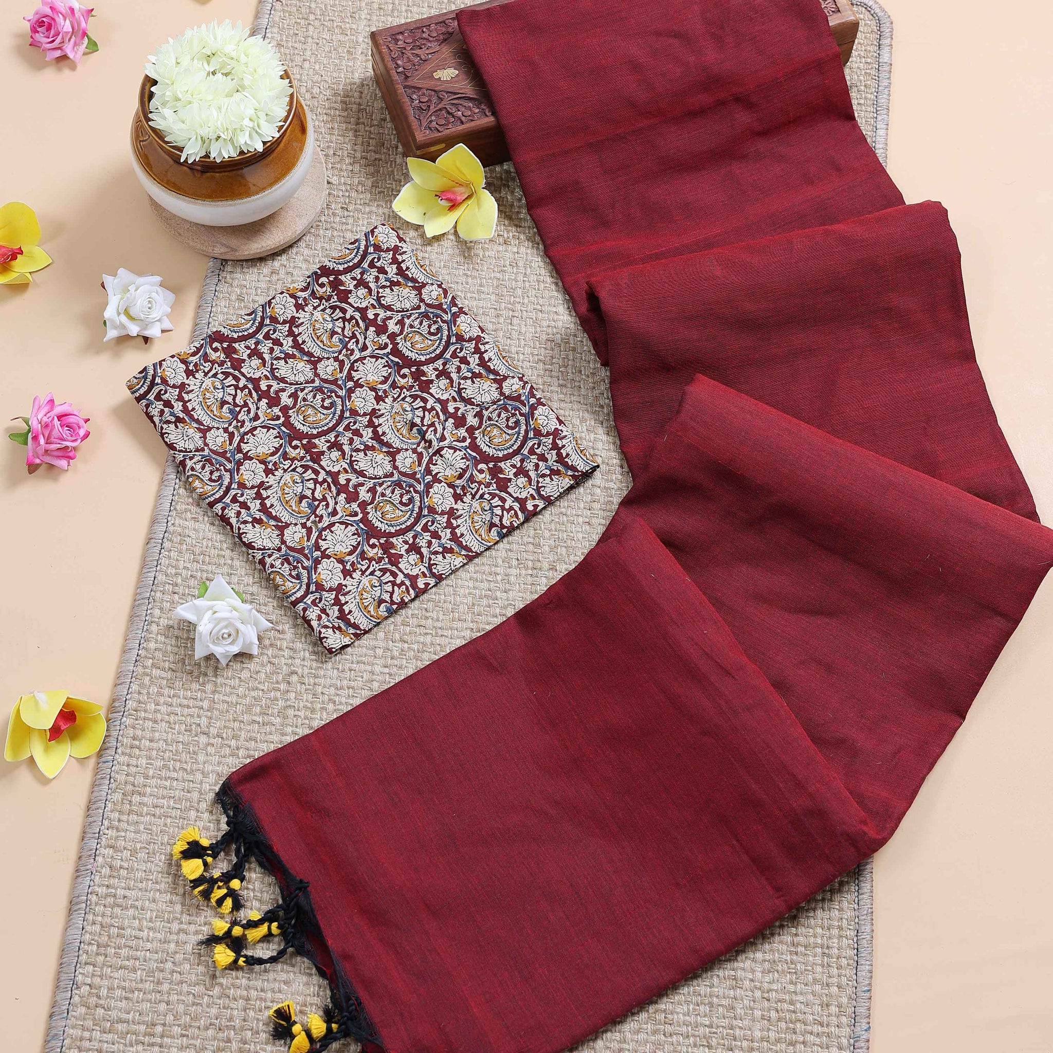 Handloom Khadi Cotton Saree with Contrast Printed Blouse and Tassel Accents - Maroon