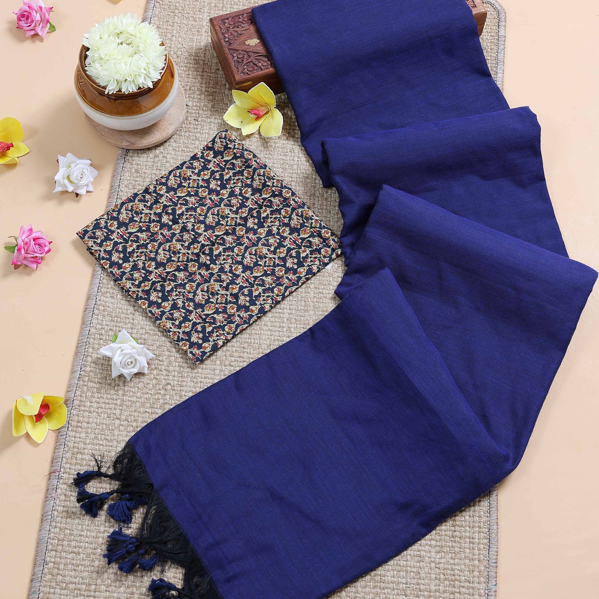 Handloom Khadi Cotton Saree with Contrast Printed Blouse and Tassel Accents - Navy Blue