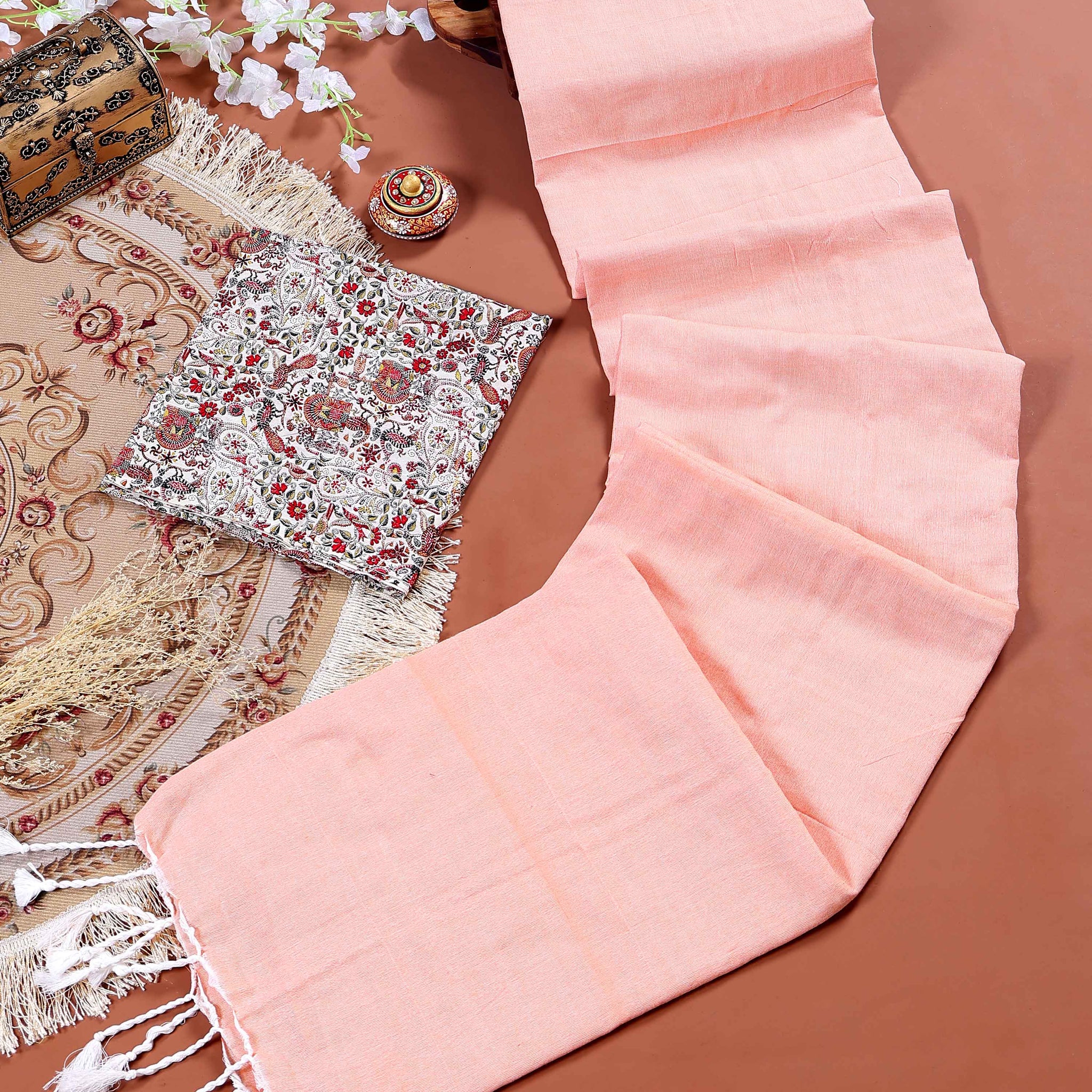 Handloom Khadi Cotton Saree with Contrast Printed Blouse and Tassel Accents - Peach