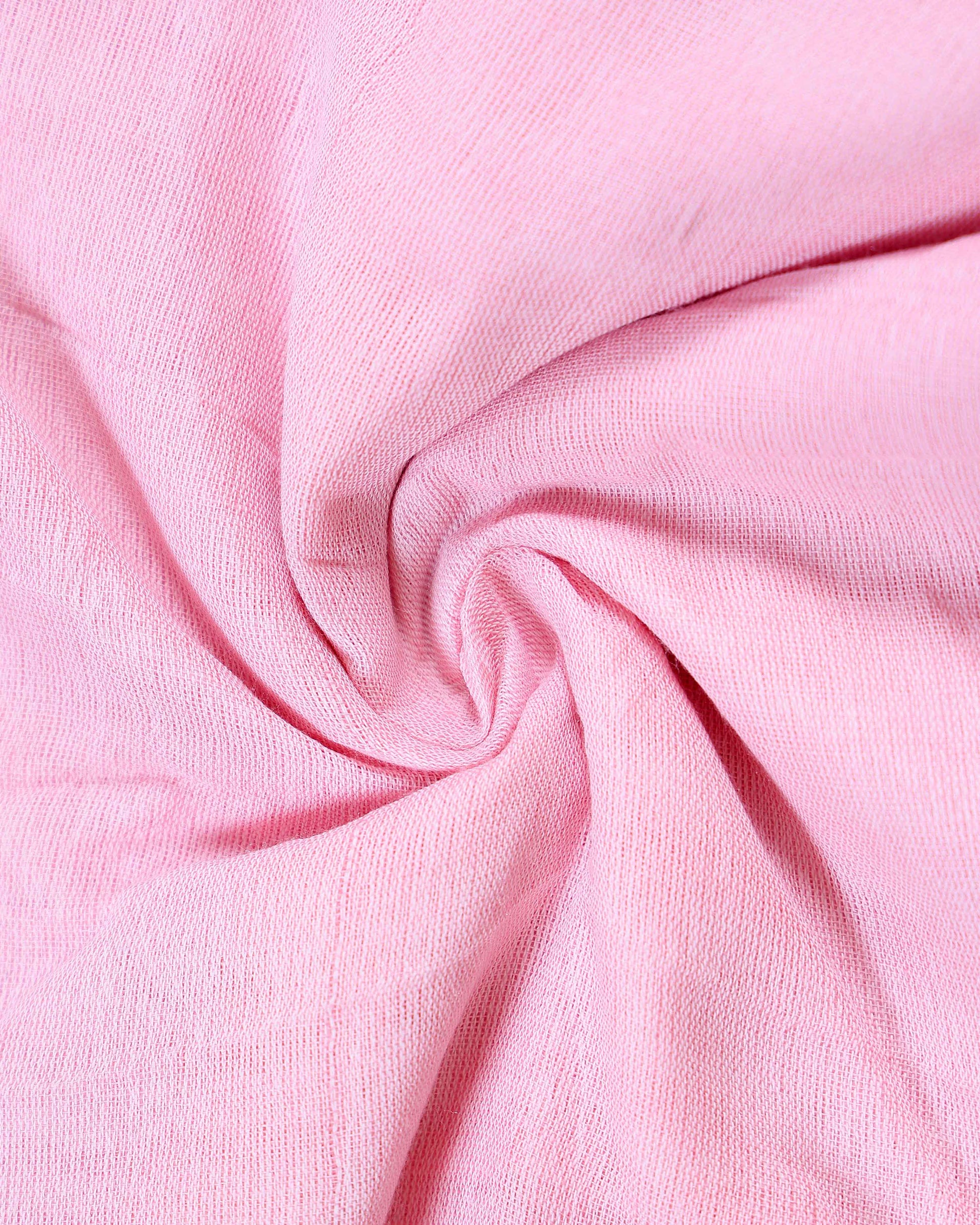 Handloom Khadi Cotton Saree with Contrast Printed Blouse and Tassel Accents - Pink