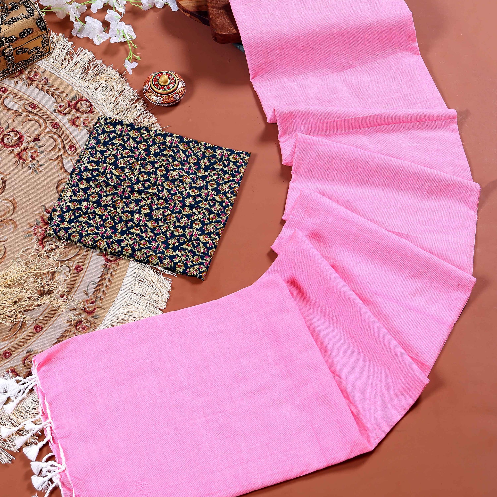 Handloom Khadi Cotton Saree with Contrast Printed Blouse and Tassel Accents - Pink